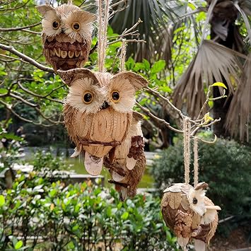 6pc Three Dimensional owl Pendant Straw Hanging Ornaments owl Rustic Twine Pendant Christmas Tree Hanging Pendant Ornaments Xmas Scene Decoration Gift Decor(#1)
