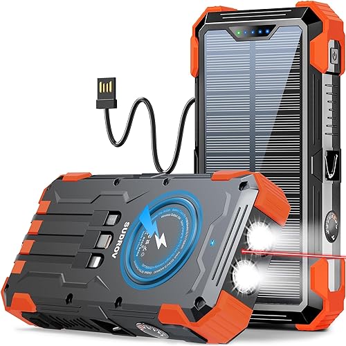 Sudrov Solar Charger Power Bank, 42,800mAh Wireless Portable Charger with USB-C in/Output, QC3.0 Fast Charging 15W 4 Ports Outdoor Battery Pack Built-in LED Flashlight, for iPhone, Galaxy, iPad etc - Orange