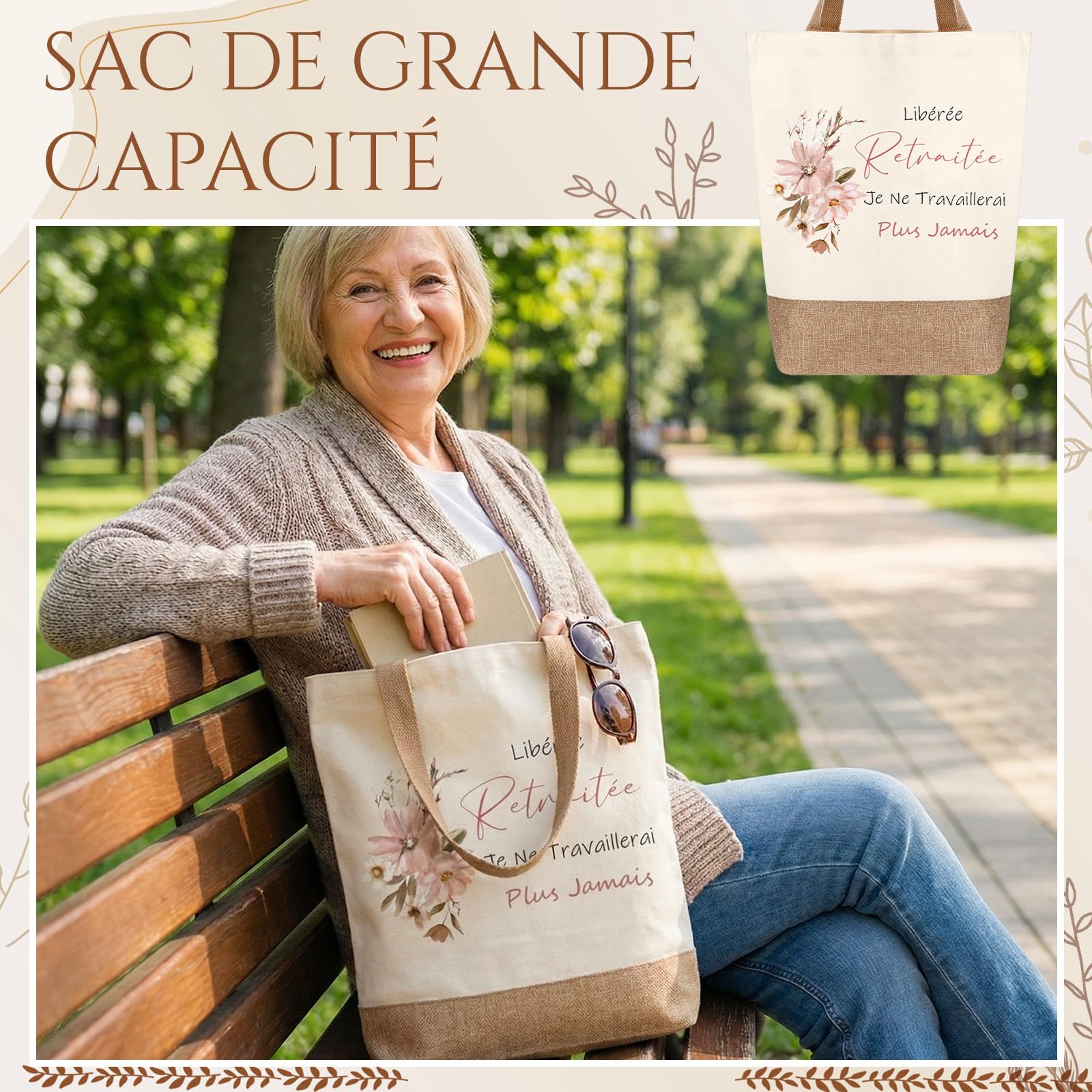 Cadeau Retraite Femme Sac à Main Tote Bag Trousse à Maquillage Pochette Cosmétique Porte-Clés Enveloppe avec Fleur