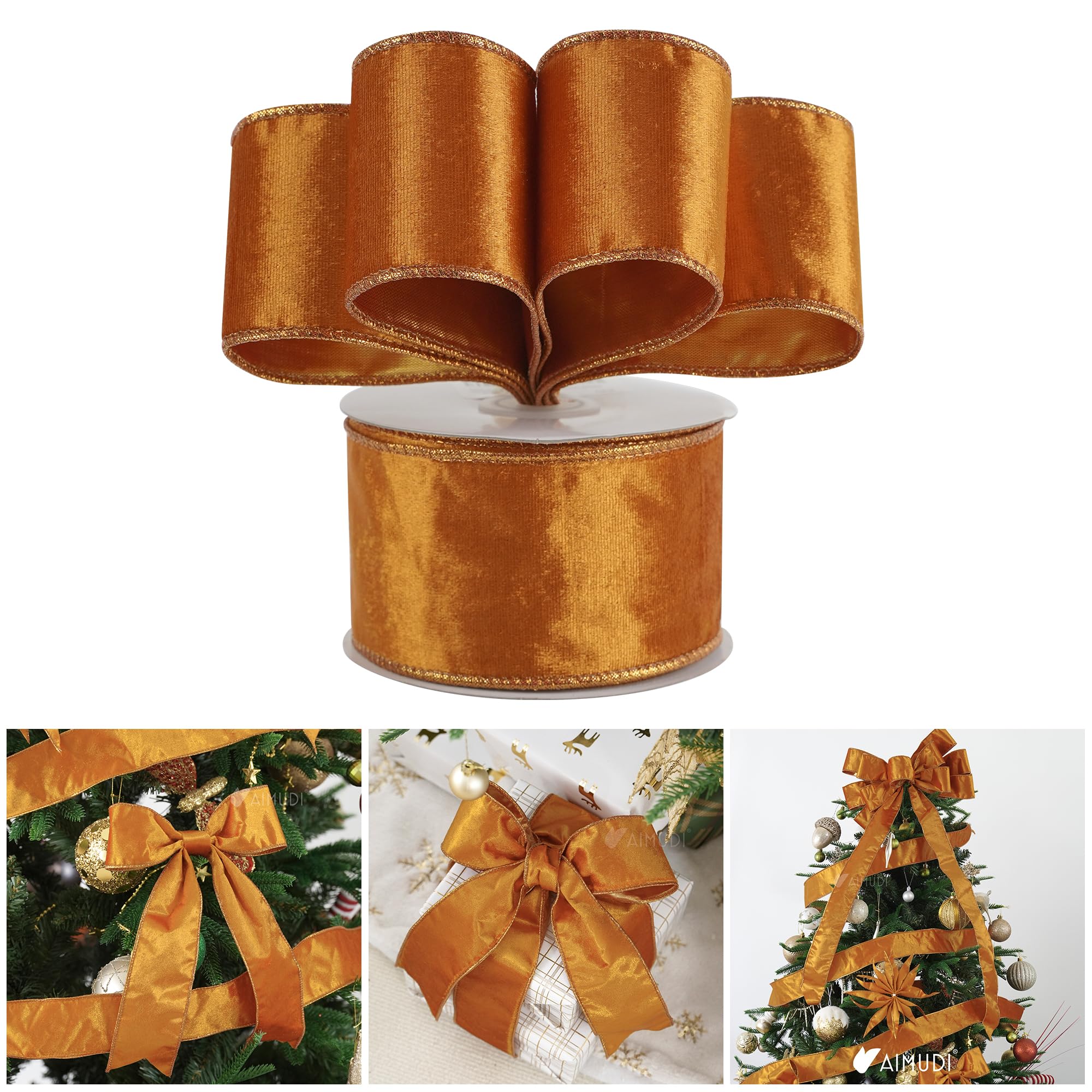 AIMUDI Orange Velvet Wired Ribbon - 2.5 Inch, 10 Yards Burnt Orange for Christmas Trees, Halloween, Wreaths, Swags, Gift Wrapping, Garland, Holiday Crafts, Topper Bows