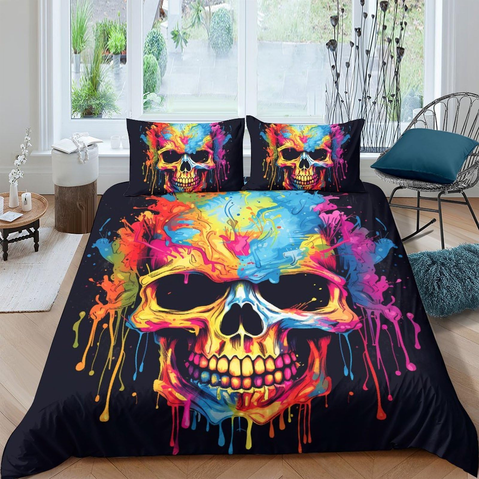Ctjqhvkz Style-10 3D Printed Colorful Skull Fitted Sheet Microfiber Bright Artistic Bed Cover For Bedroom Guest Room Dorm Decor Single（135X200cm）