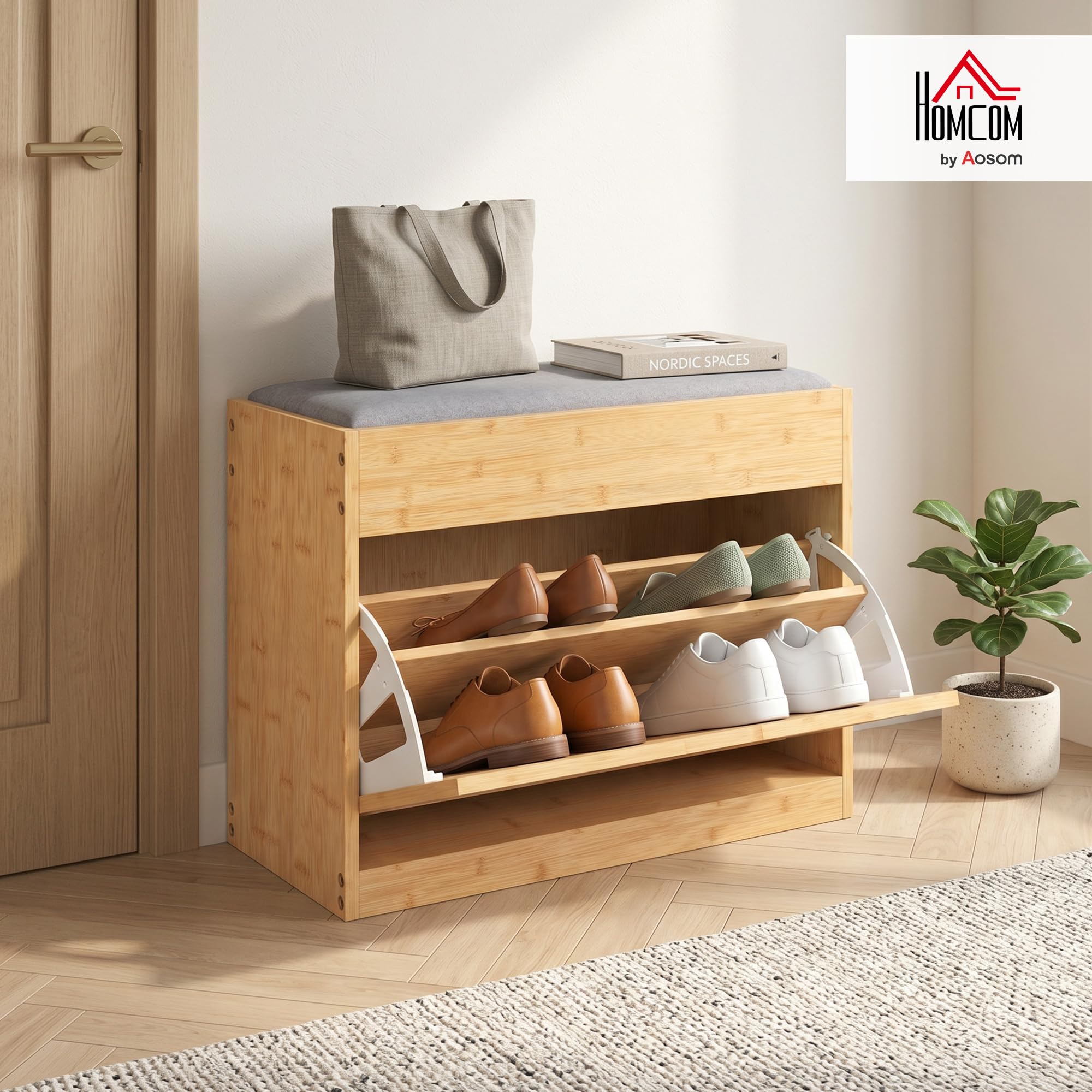 HOMCOM Banco Zapatero con Asiento Acolchado 63x29x48 cm Natural y Gris | Banco Recibidor, Cajón Abatible, Puerta de Ratán, Estante Ajustable, para Entrada, Pasillo, Salón