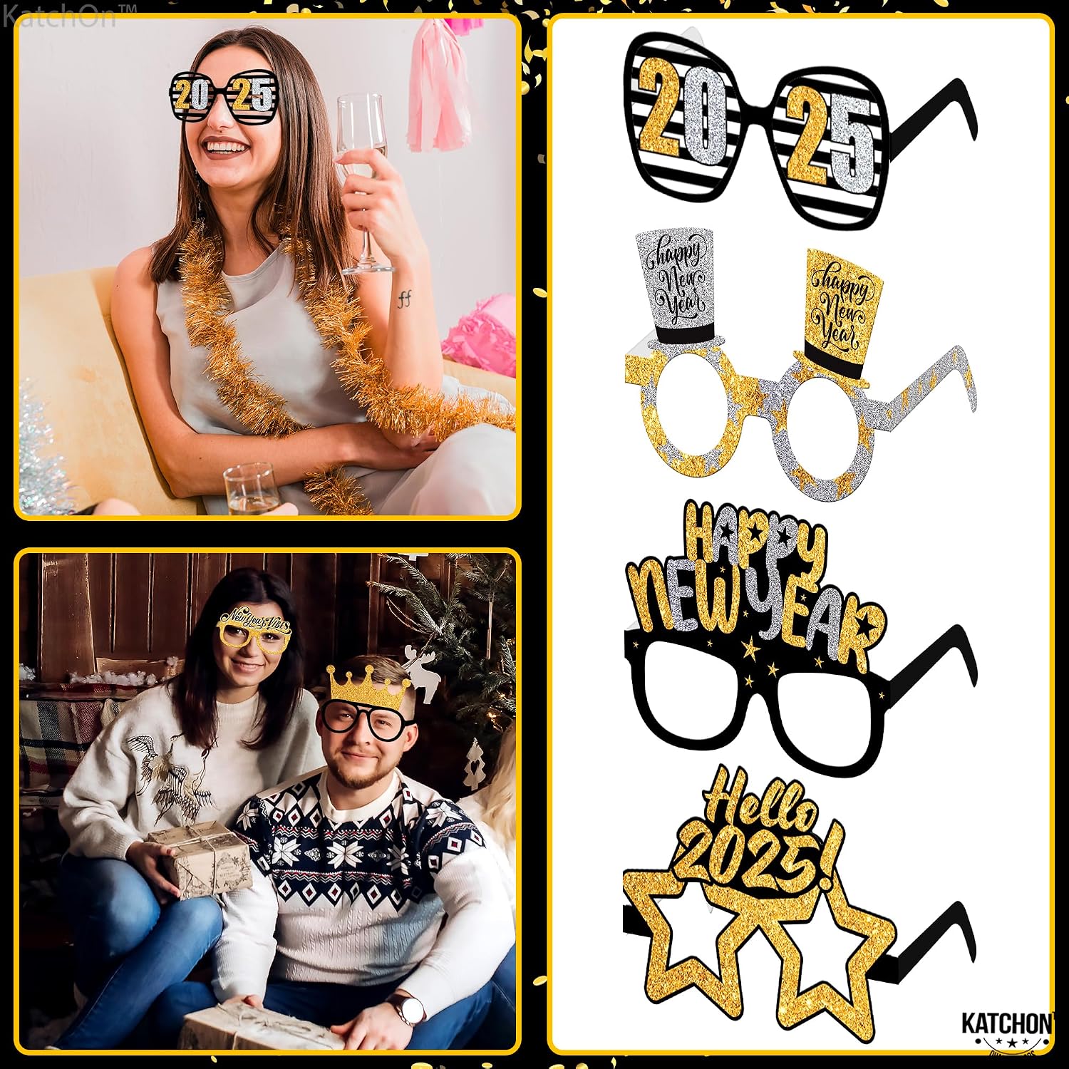 KatchOn New Years Eve 2025 Glasses - Pack of 12 | NYE Party Supplies 2025, Happy New Year 2025 Sunglasses, Decorations