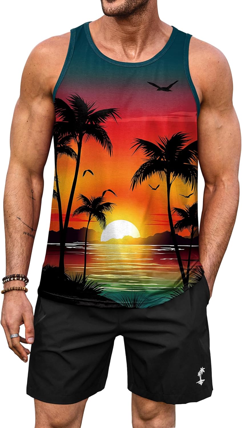 Mens Graphic Tank and Shorts 2 Piece Set Beach Summer Casual Outfit (S-XXL)