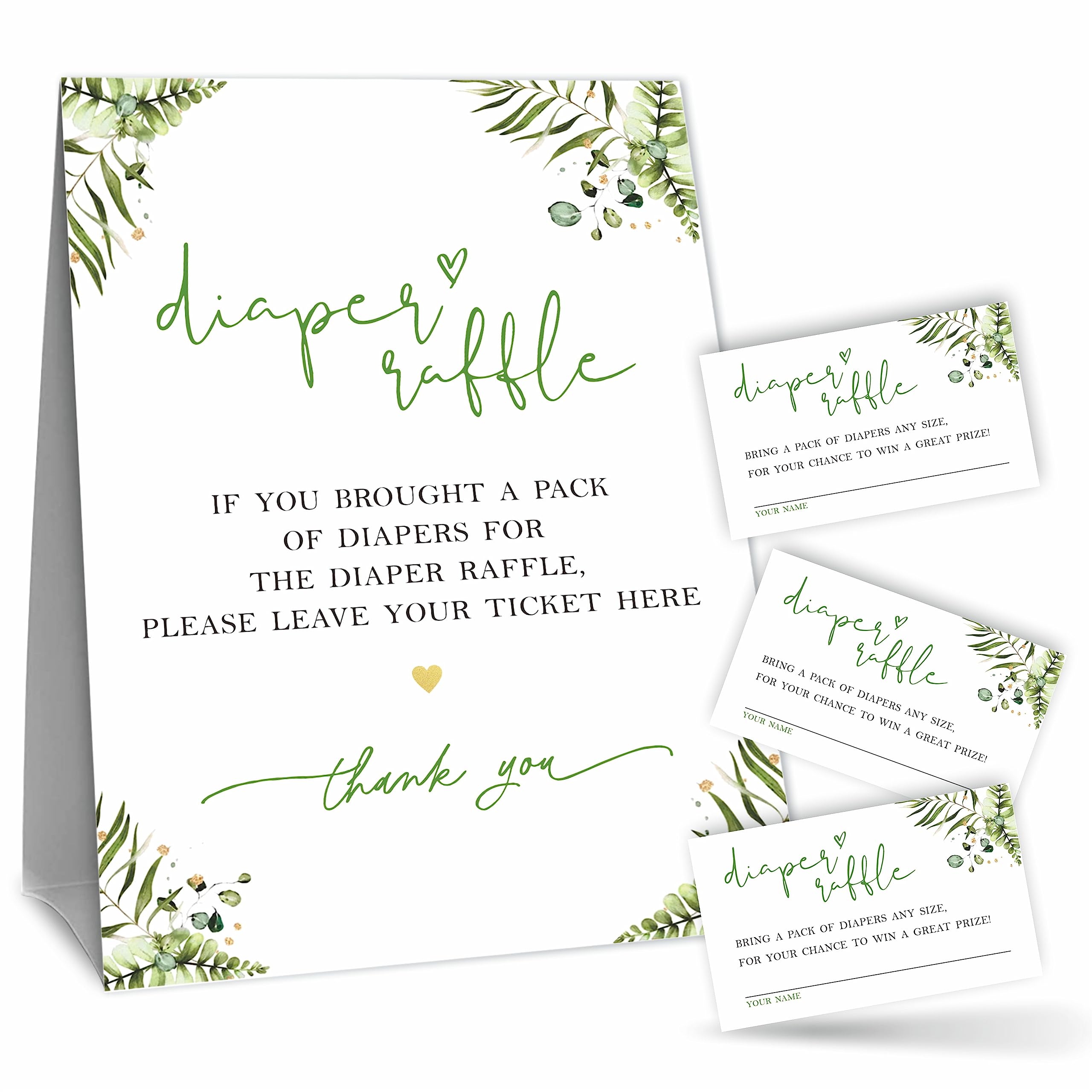 Diaper Raffle Game Kit for Baby Shower(1 Standing Sign + 50 Tickets) - Greenery Theme Gender Reveal, Baby Announcement Party Supplies & Decoration - B04