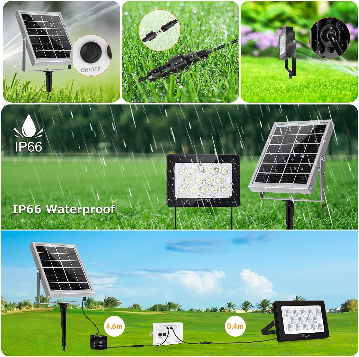 Diagram showing IP66 waterproof rating, connection points, and installation options for the solar flood light