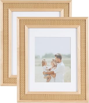 Kate and Laurel Corah Modern Faux Rattan Picture Frame Set of 2, 11 x 14 matted to 8 x 10, Natural, Boho Two-Piece Glass Photo Frame Set for Gallery Wall Design in Living Room Wall Decor