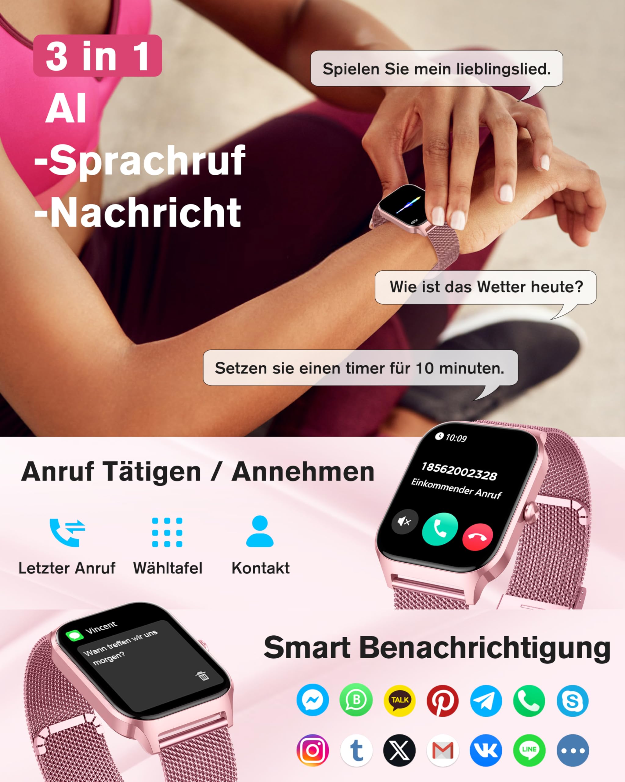 KALINCO Smartwatch Herren Damen, Blutdruckuhr mit Bluetooth-Telefonie, AI Fitness Tracker mit Herzfrequenz SpO2 Stress, 100+ Sportmodi Fitnessuhr,Weltuhr, Schlafanalyse, Geschenkideen für iOS Android