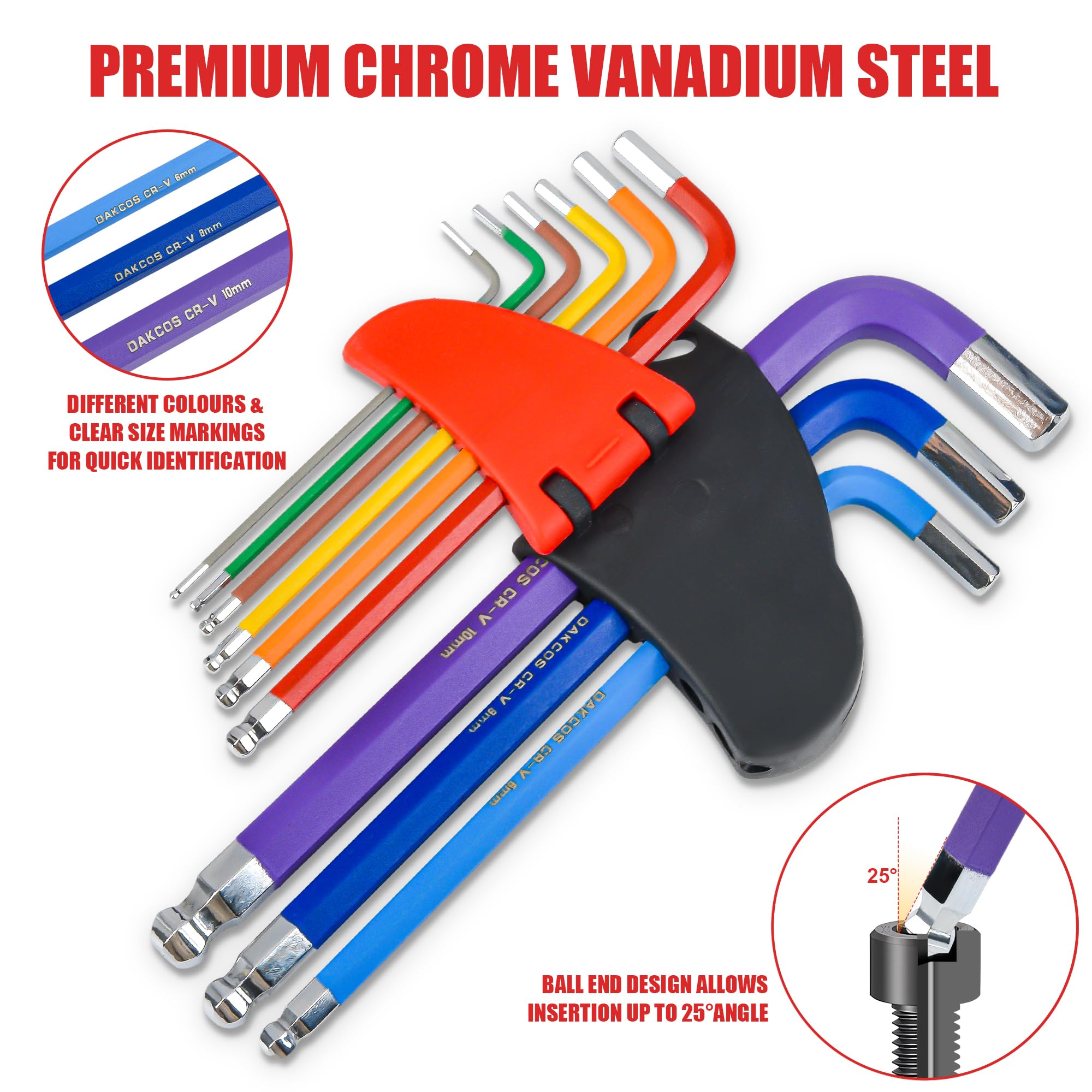 DAKCOS 18pc Juego de Llaves Allen y Llaves Torx hexagonales con un mango de torsión Cr-V