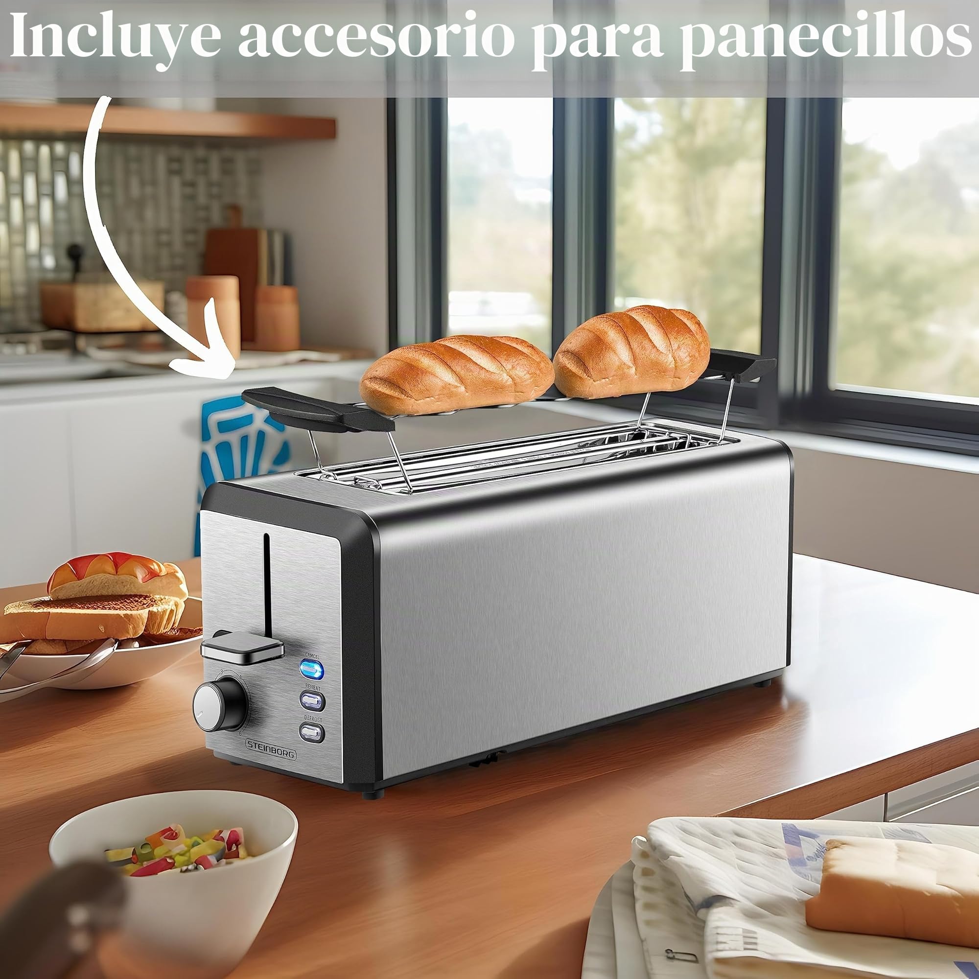 Tostadora XXL | 4 rebanadas | 1500 W | 6 niveles de control | accesorio para panecillos | función de descongelación | bandeja recogemigas | acero inoxidable