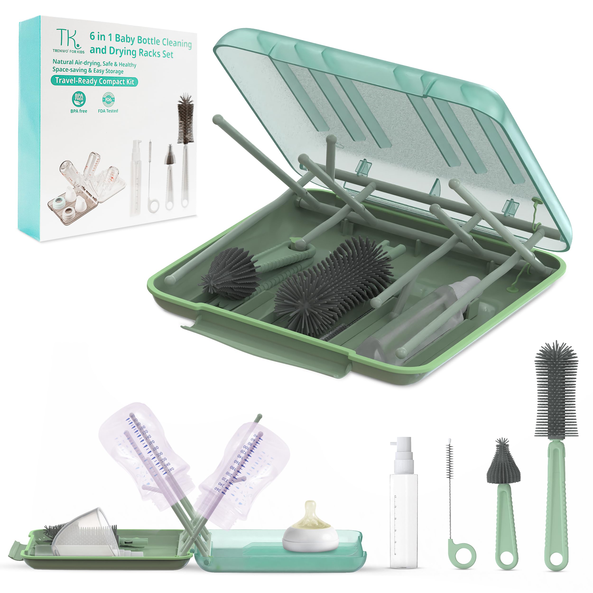 Kit de limpieza de biberones de viaje, versátil kit de limpieza de biberones portátil para padres, sin BPA y portátil, esencial de viaje para bebé, estante de secado de biberones para viajes y uso