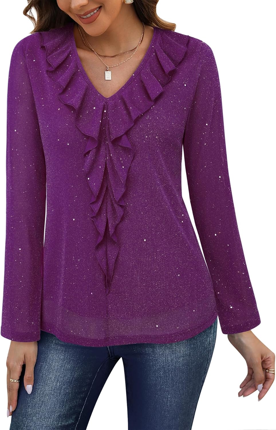 Gaharu Women's Dressy Blouses Long Sleeve Ruffle Shirts Casual Loose Fit Mesh Double Layers Flowy Tunic Tops - Image 2