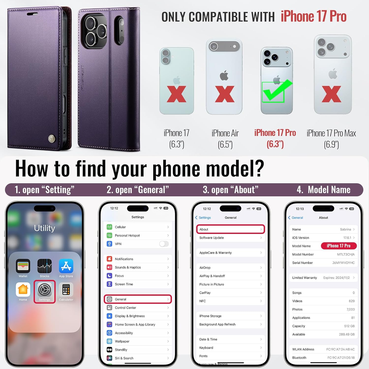 Wallet Case for iPhone 17 Pro Compatible with Magsafe, 2-in-1 PU Leather Flip RFID Blocking Card Holder Stand Shockproof Magnetic Detachable Cover for iPhone 17 Pro Case 6.3", Fashion Purple - Image 7
