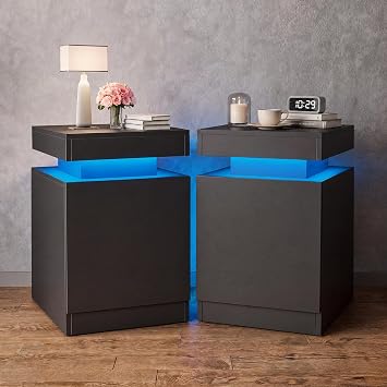 Nightstands Set of 2, LED Night Stand Set 2, Modern Bedside Table with LED Lights, End Side Table for Bedroom, Black, 17 Inches