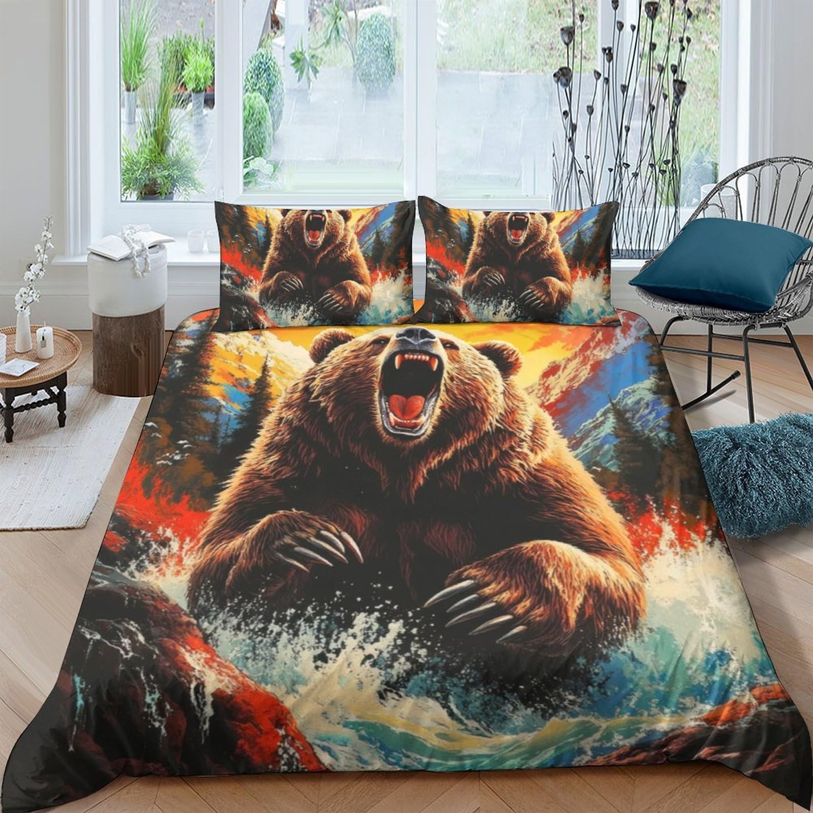Ctjqhvkz Style-3 3D Printed Wild Bear Fitted Sheet Microfiber Soft Breathable Forest River Bed Cover For Bedroom Decor Mattress Protection Single（135X200cm）