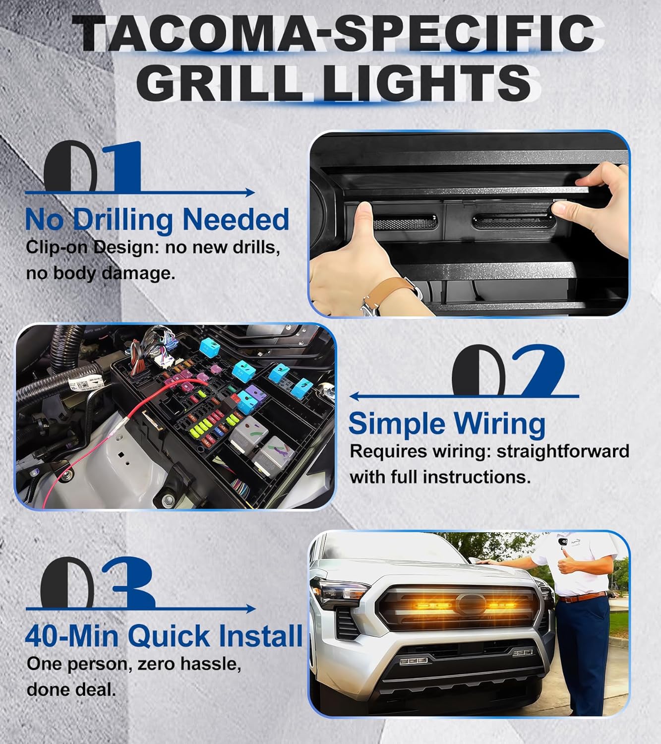 Direct-Snap LED Grill Lights for 2024 2025 2026 Toyota Tacoma Raptor Lights Front Grille Light Bar 4th Gen Tacoma Accessories (Amber, SR SR5 Only)