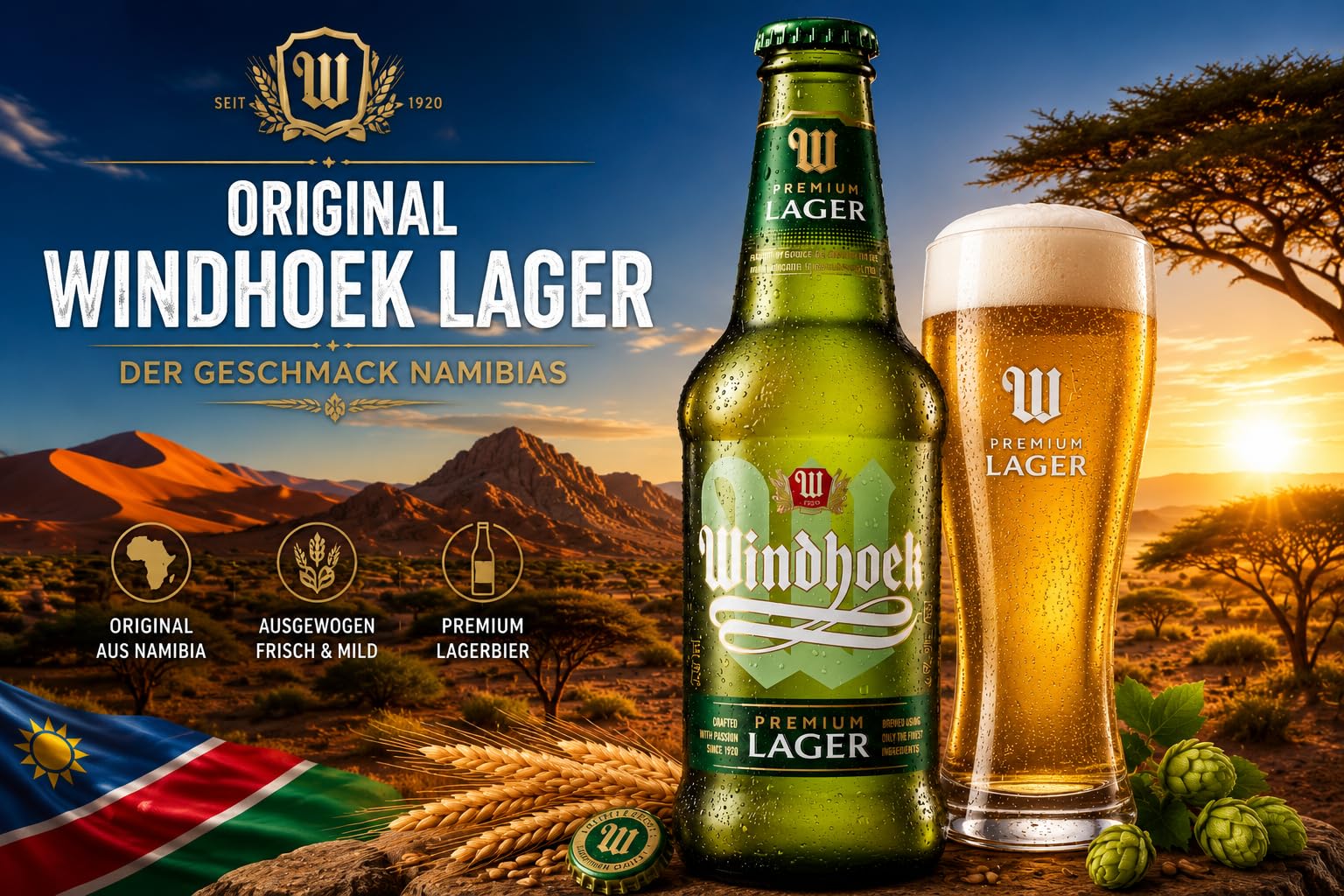 Windhoek Lager Bier 12 Flaschen x 330 ml | Original Namibia | 4,0% Vol. Import