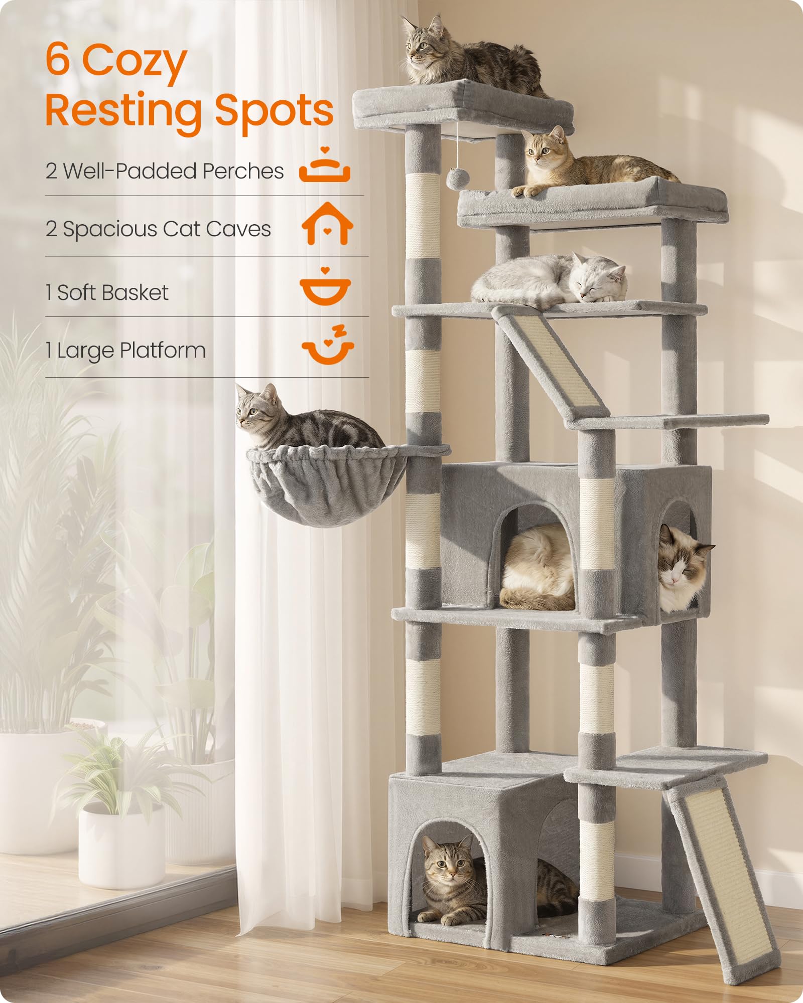 Feandrea Kratzbaum, Turm für extra große Katzen, Kratzbäume, Kratzbretter, mehrstufiges Design, Taubengrau UPCT014G101S