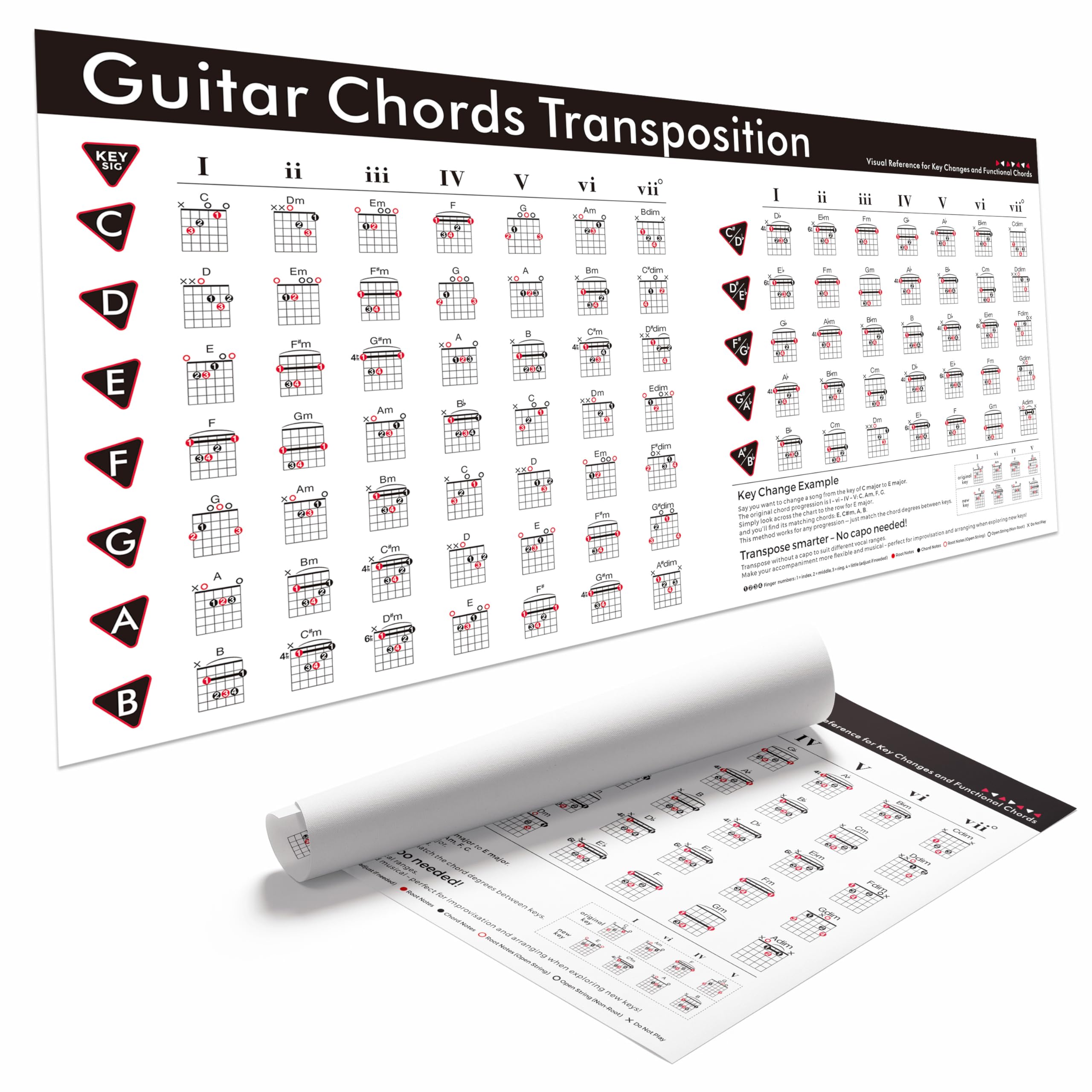 Guitar Chord Transposition Chart Poster, Functional Chords & Progressions Reference, Guitar Guide to Key Changes, Easy Song Transpose Learning Poster