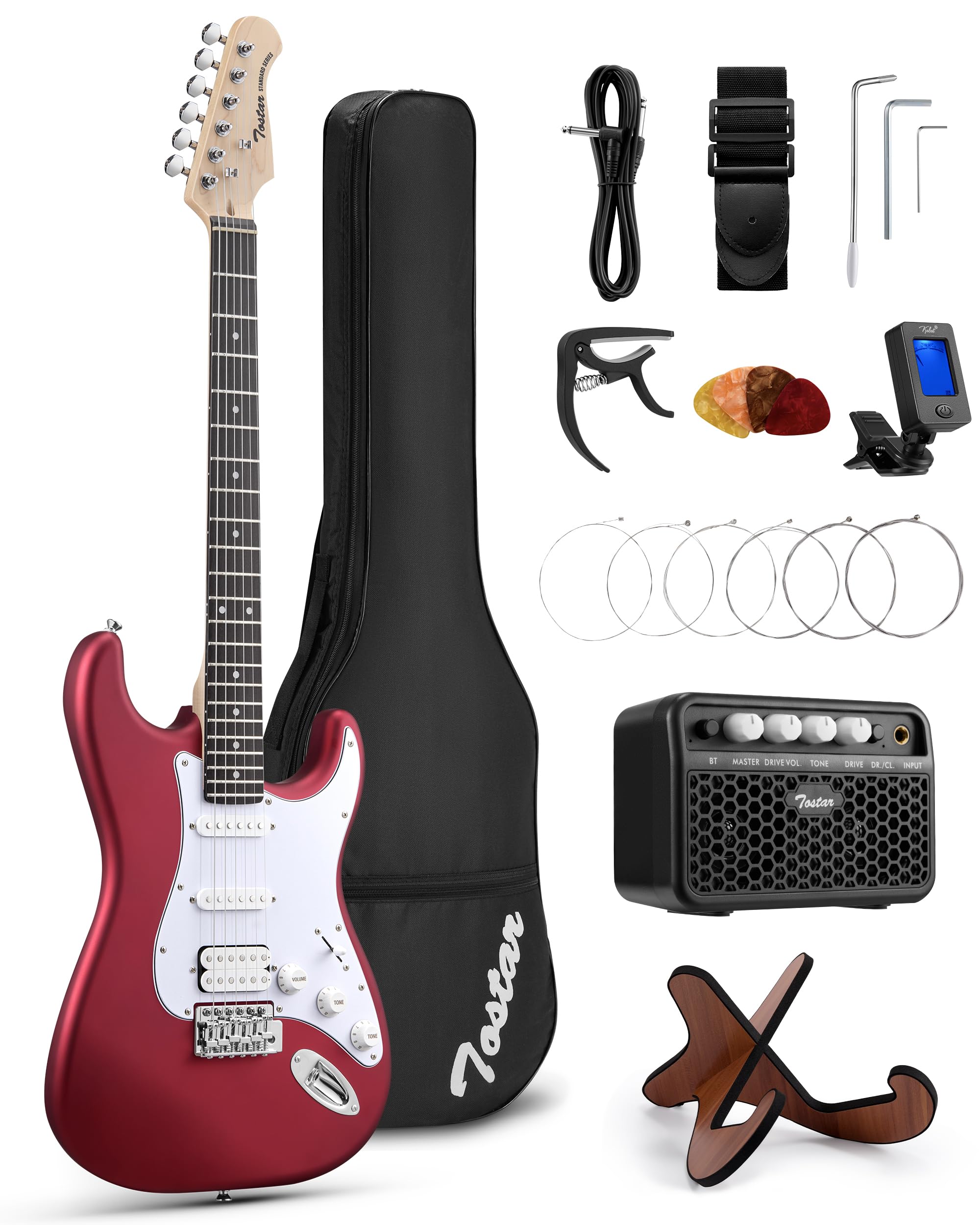 Tostar Kit per chitarra elettrica con amplificatore HSS pickup per principianti chitarra elettrica con custodia da concerto, capotasto, tremolo, cinghia, plettri ST Style 99,1 cm, chitarre elettriche