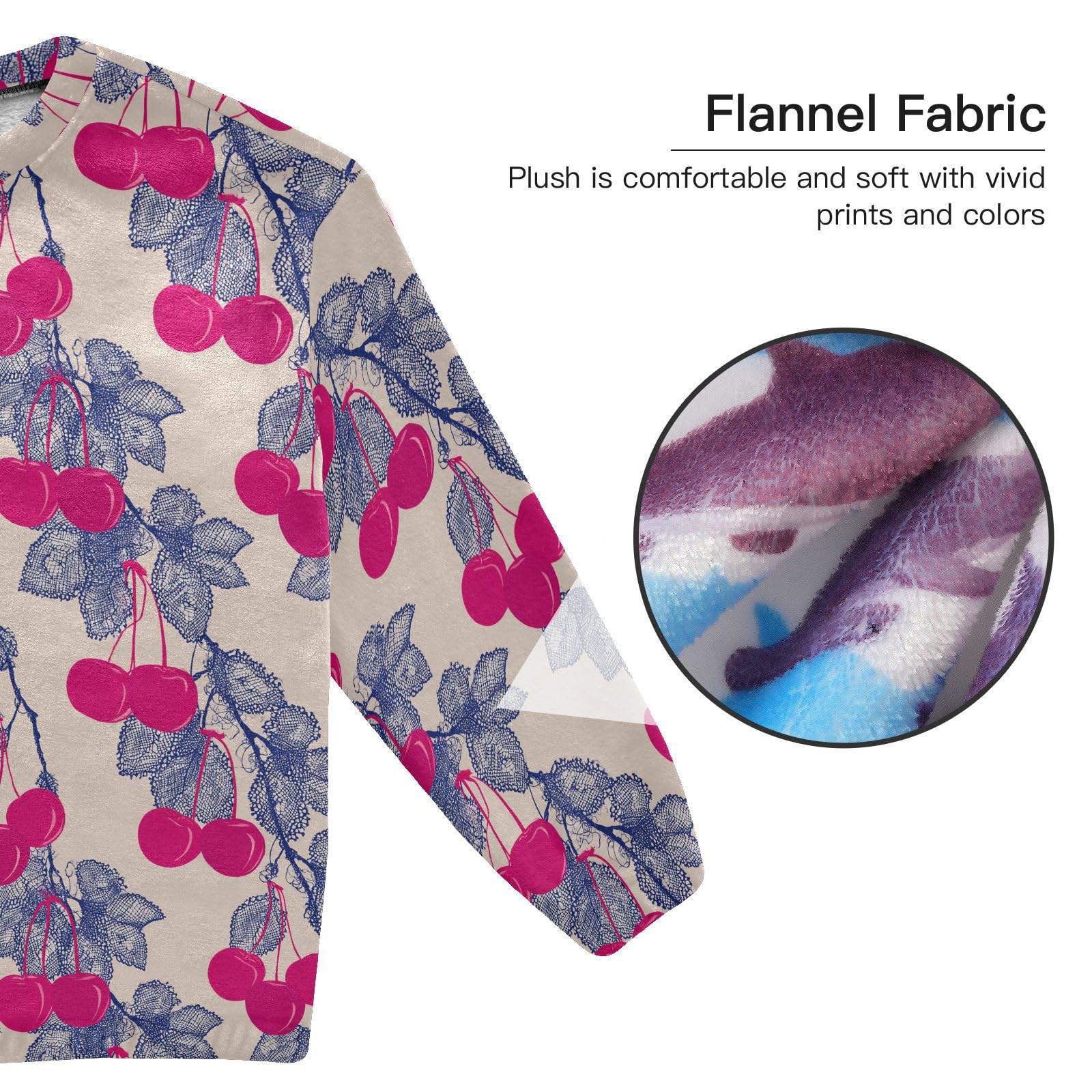 Pigiama casual in pile per le donne retrò viola ciliegia blu foglie manica lunga girocollo indumenti da notte abbigliamento