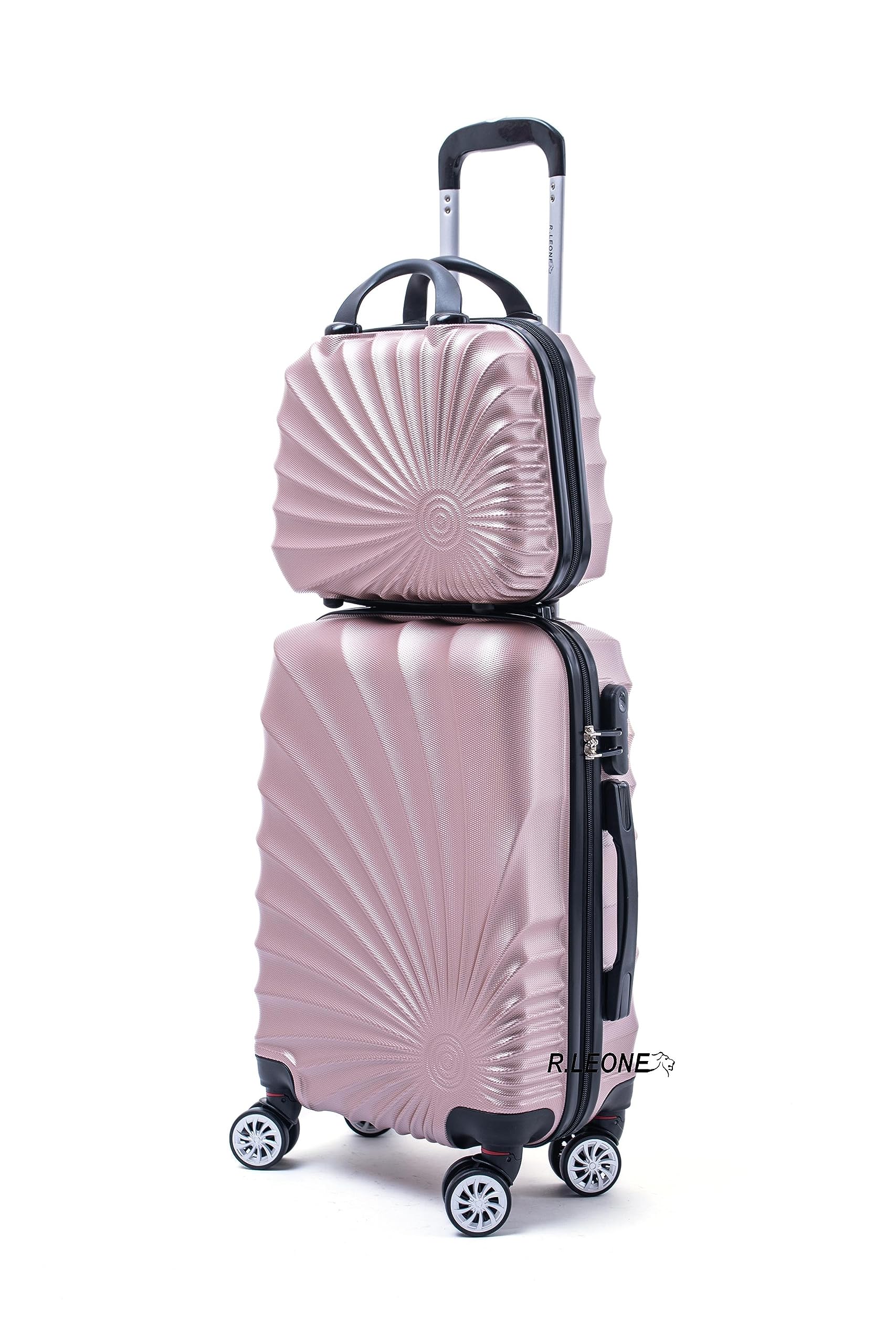 R.Leone Valigia da 1 pezzo Fino a Set 4 Trolley Rigido grande, medio, bagaglio a mano adatto Ryanair 55x40x20cm e beauty case 8 ruote in ABS 2092 (Rose gold, Set 4 XS S M L)