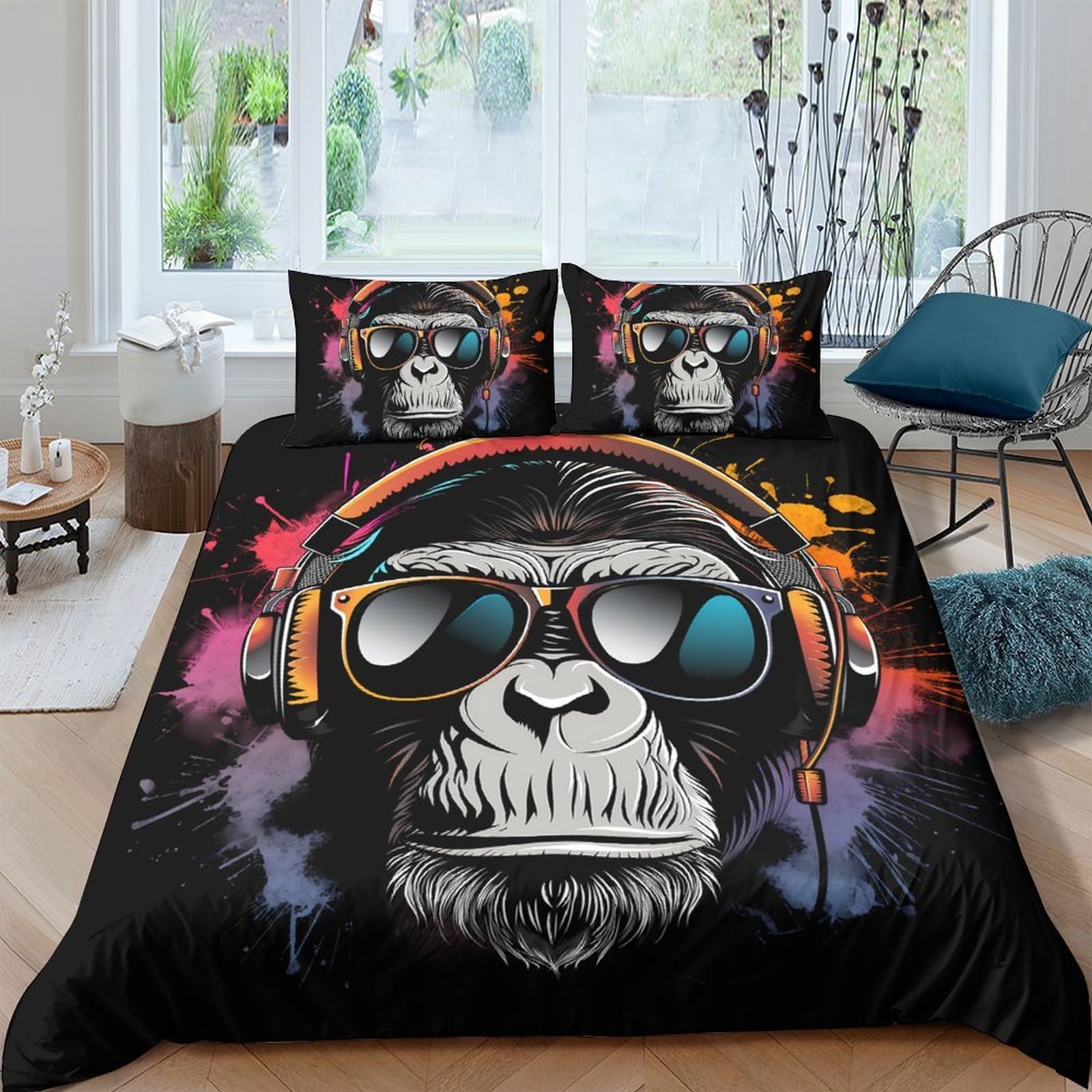 Ctjqhvkz Style-9 3D Printed Graffiti Gorilla Fitted Sheet Microfiber Soft Colorful Headphones Bed Cover For Bedroom Dorm Mattress Decor Single（135X200cm）