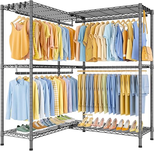 Miniatura 15 de E15 - Perchero en forma de L para esquina, perchero independiente para colgar ropa, organizador de armario resistente con 4 varillas para colgar y 8