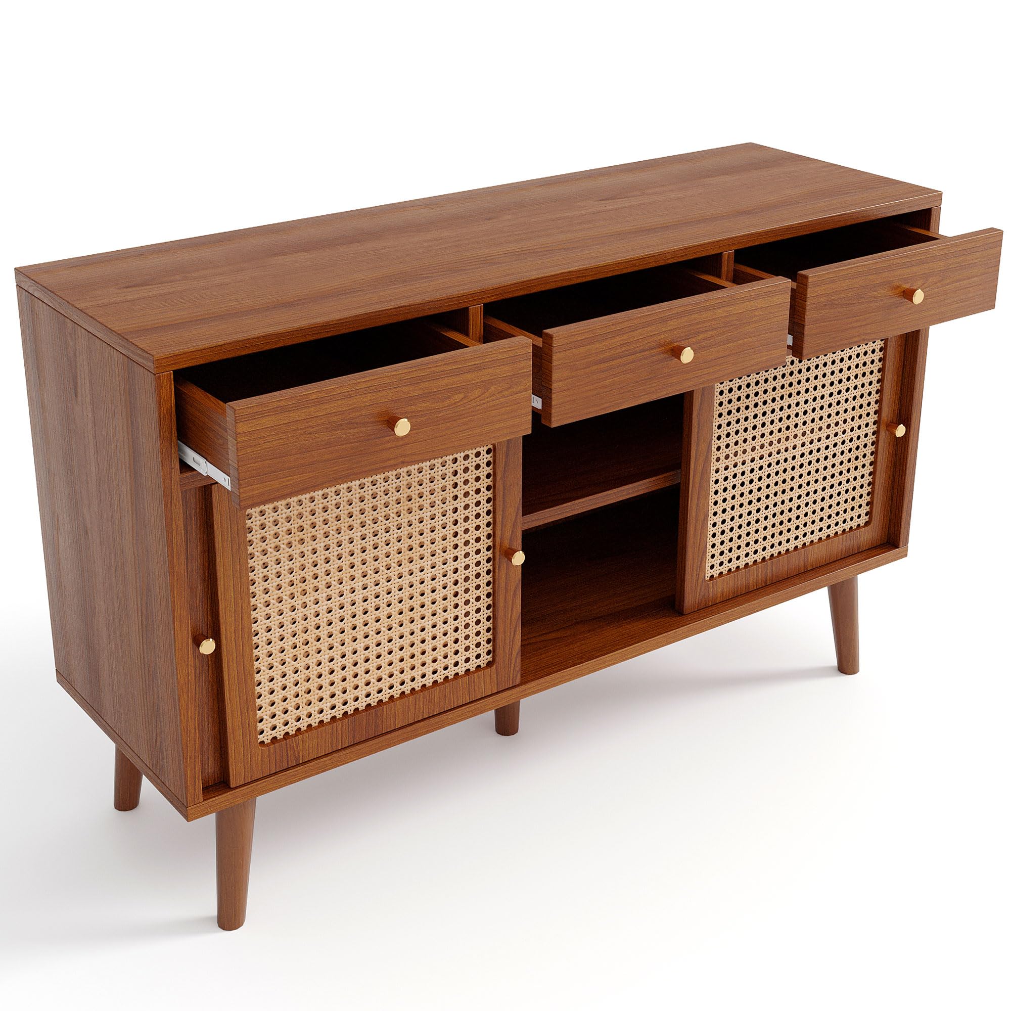 Kredens z drewna orzechowego 120 cm, komoda z 3 drzwiami przesuwnymi, plecionka rattanowa z 3 szufladami, retro, wysoka szafka z nogami z litego drewna, duża szafka do przechowywania do salonu