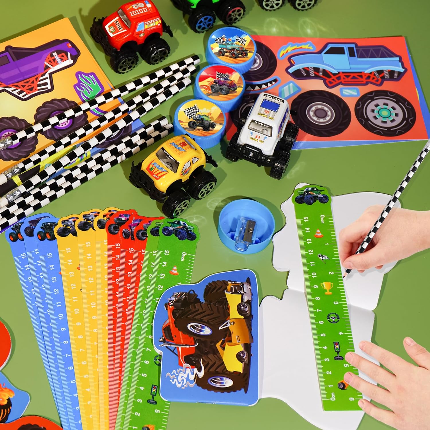 84pcs Truck Party Favors, Car Themed Birthday Party Supplies Including Truck Toys Notebooks Rulers Pencils DIY Stickers Pencil Sharpener, Race Car Themed Party Goodies Classroom Rewards - Image 3