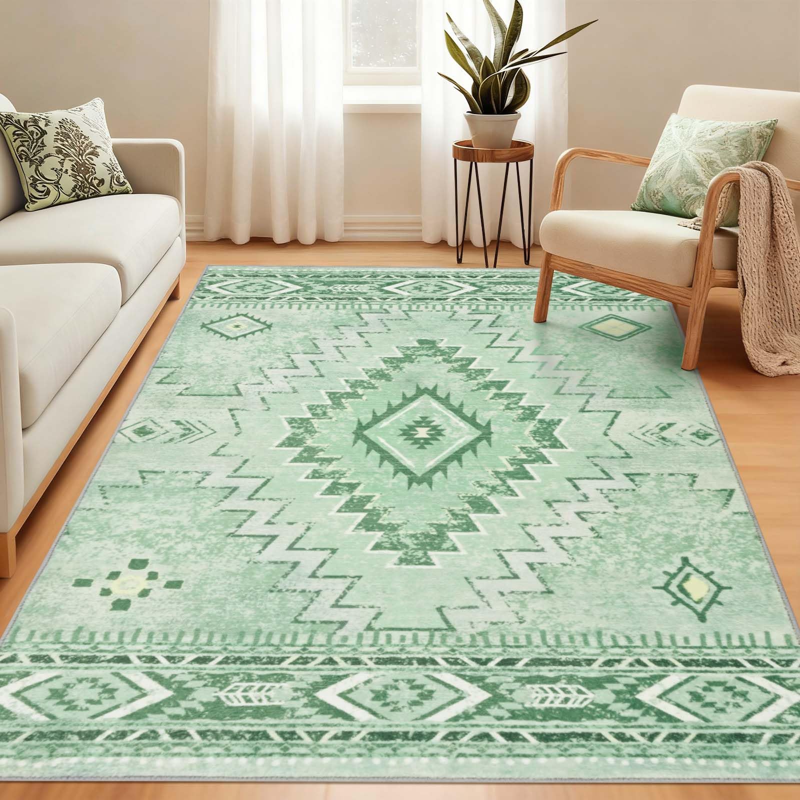 Alishomtll Area Rugs for Living Room 80x150 cm, Washable Anti Slip Large Rugs, Green Super Soft Bedroom Rug, Modern Geometric Style Carpet, Short Pile Non Shedding Floor Carpets Easy to Clean