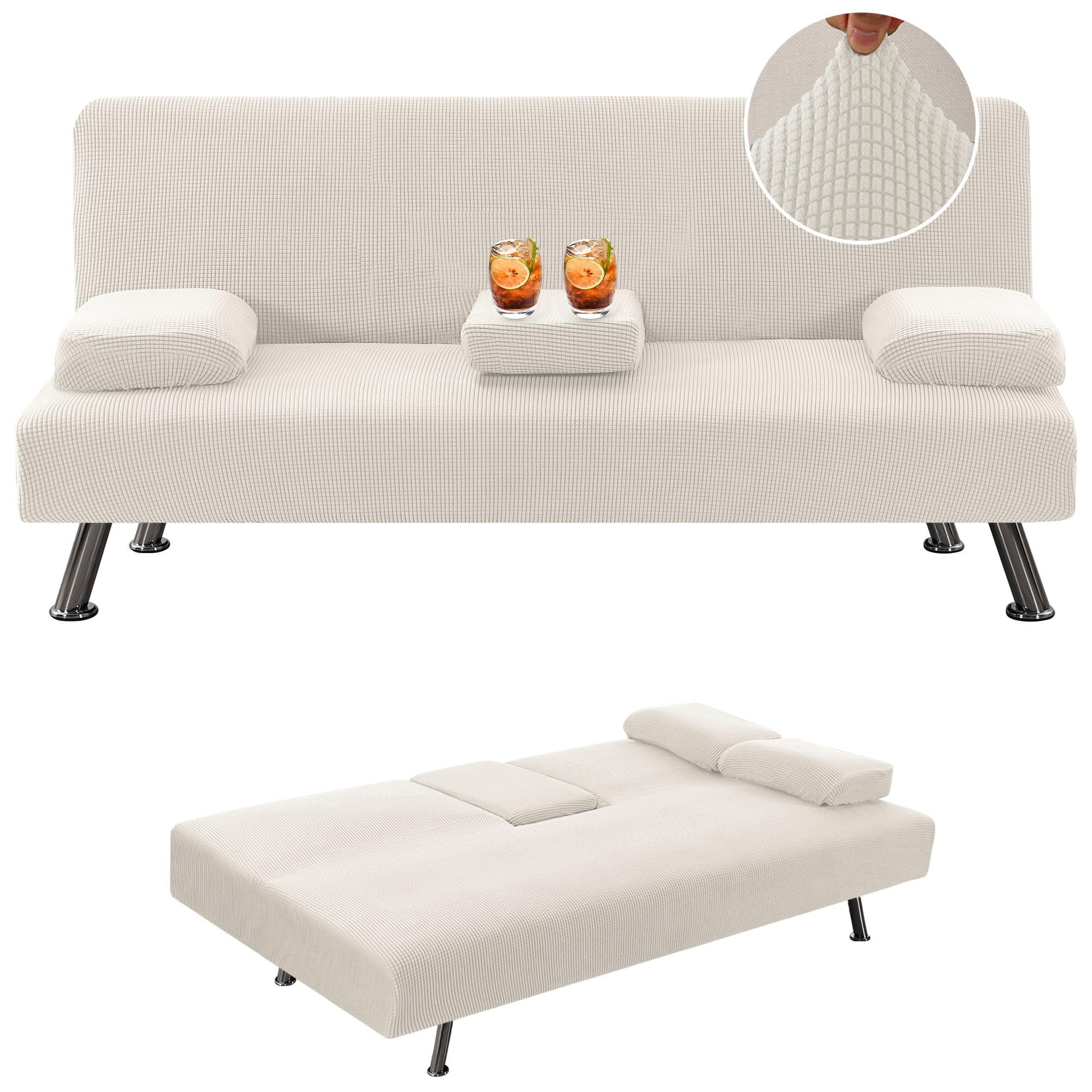 jianyana 4 Pieces Stretch Covers Sofa Bed Slipcover with Removable Armrests and Cupholders Covers, Click Clack Sofa Bed Cover（White）