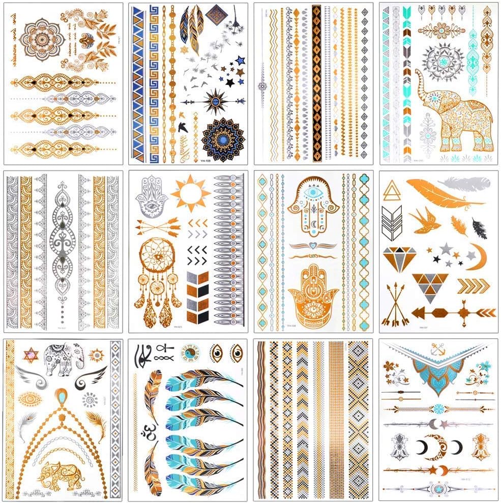 ExceforeTemporary Tattoos Halloween Makeup, 12 Sheets Waterproof Metallic Tattoos Stickers, Fake Tattoos Gold Silver Glitter Decoration for Women Teens Girls, Temp Tattoo Paper for Body Art DIY Beauty Fashion
