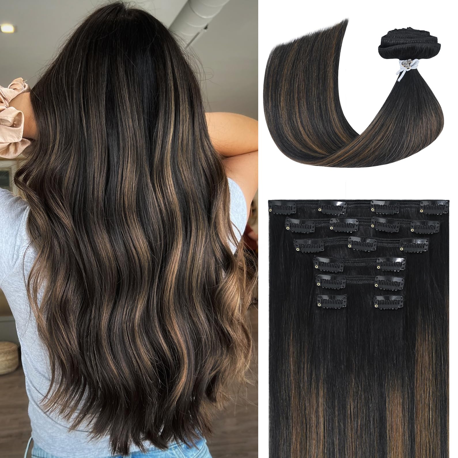 Ukira Ombre Hair extenisons Real Human Hair, 22 Inch 120g 7pcs Natural Black to Light Brown Balayage Clip in Hair Extensions, Natural Straight Remy
