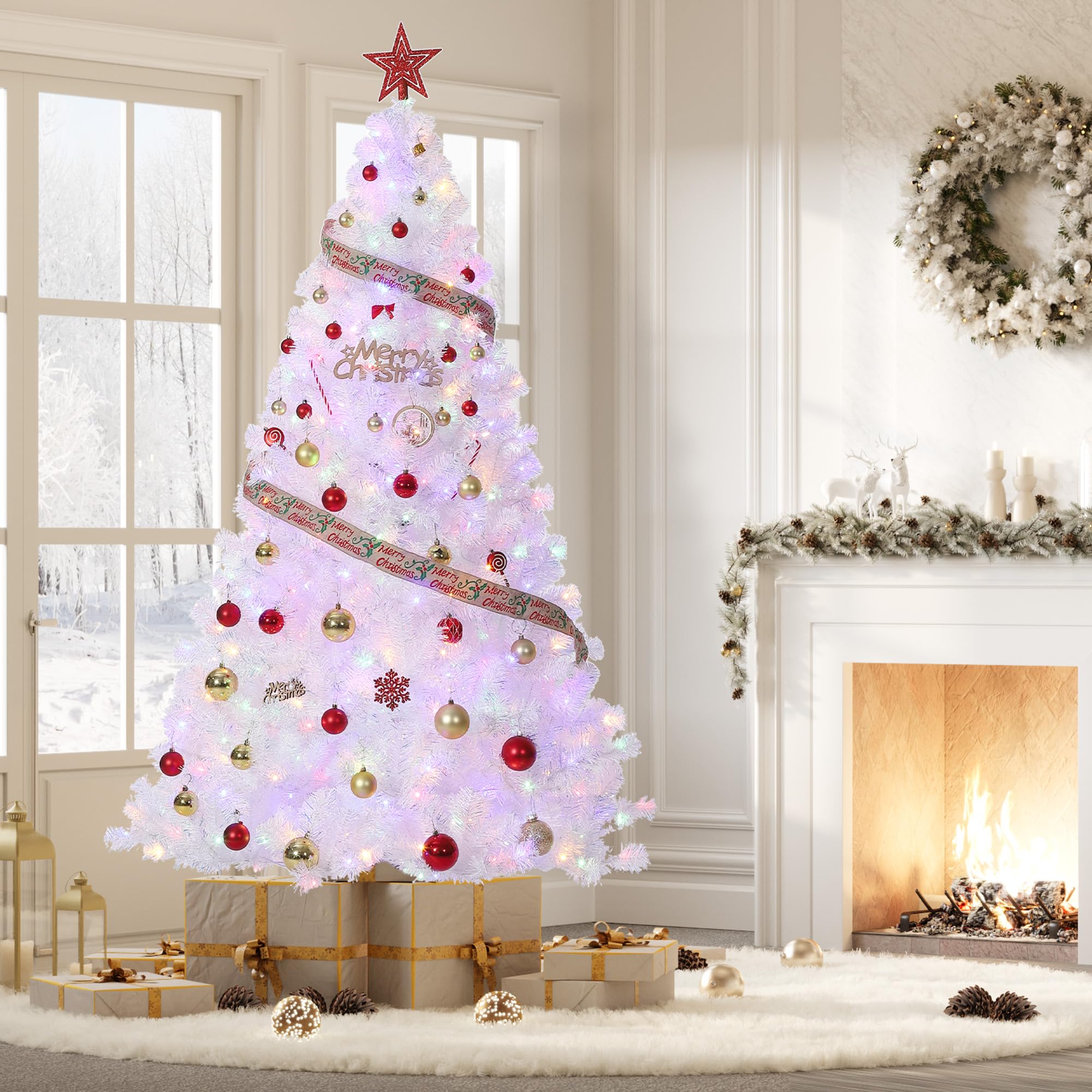 GarveeHome Sapin de Noël artificiel pré-éclairé de 1,4 m avec lumières LED blanches chaudes et support en métal, décoration de Noël artificielle pour la maison, le bureau, les fêtes