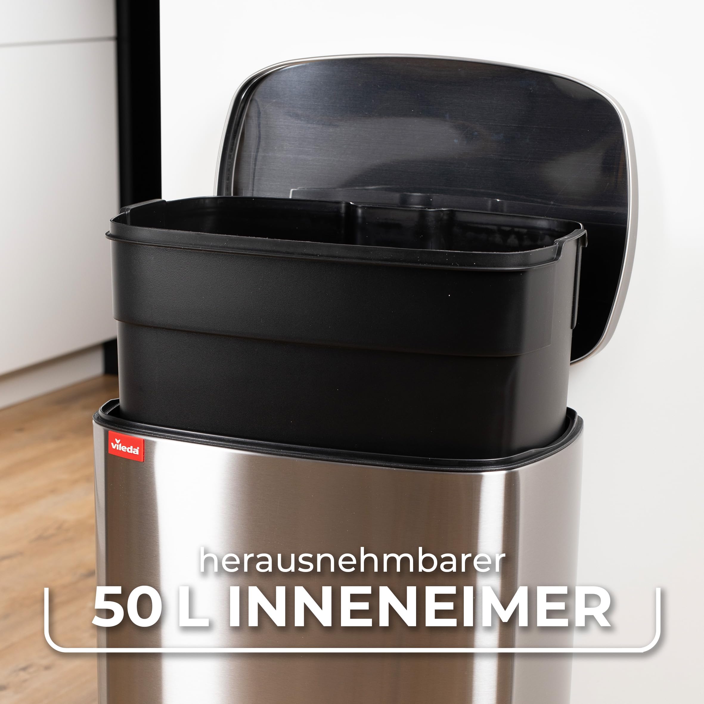 Vileda Mülleimer 50L Edelstahl - Treteimer mit Deckel - Abfalleimer 50L mit Soft-Close und 90 Grad Öffnung - Mülleimer Küche 50L | Fußpedal für hygienisches Öffnen, Deckel bis 90 Grad, fingerabdruckarme Oberfläche, rutschfester Boden