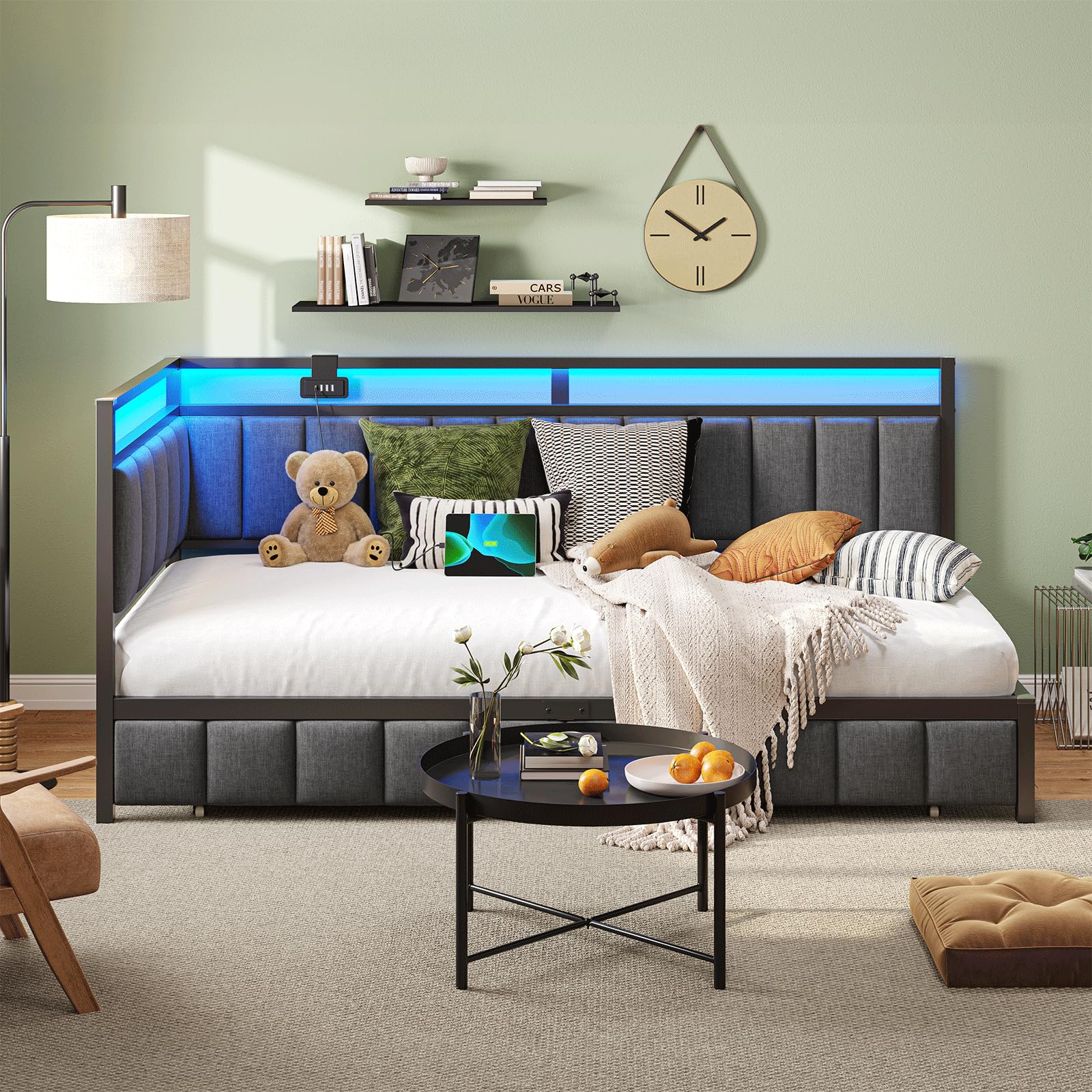 DICTAC Divano letto 90 x 200 con illuminazione a LED e presa USB, cornice per letti 90 x 200 con rete a doghe in metallo, letto per panchina, letto con 2 cassetti di stoccaggio, grigio