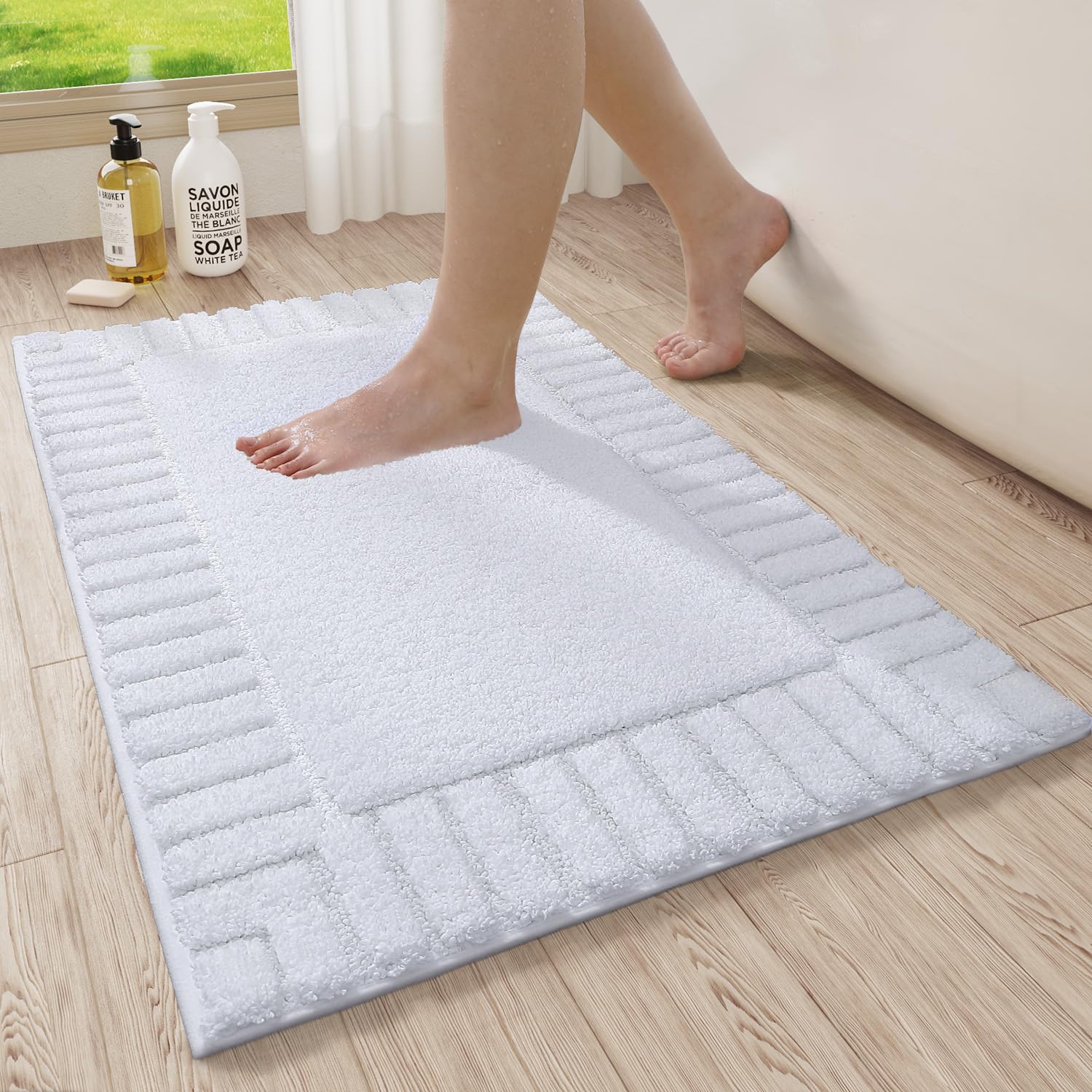 LUMI Bathroom Rugs Non-Slip Washable, Extra Soft Absorbent Bath Rug, Machine Washable Bathroom Mat, Thick Bath Mat for Tub, Shower, Bathroom, White, 24"x36"