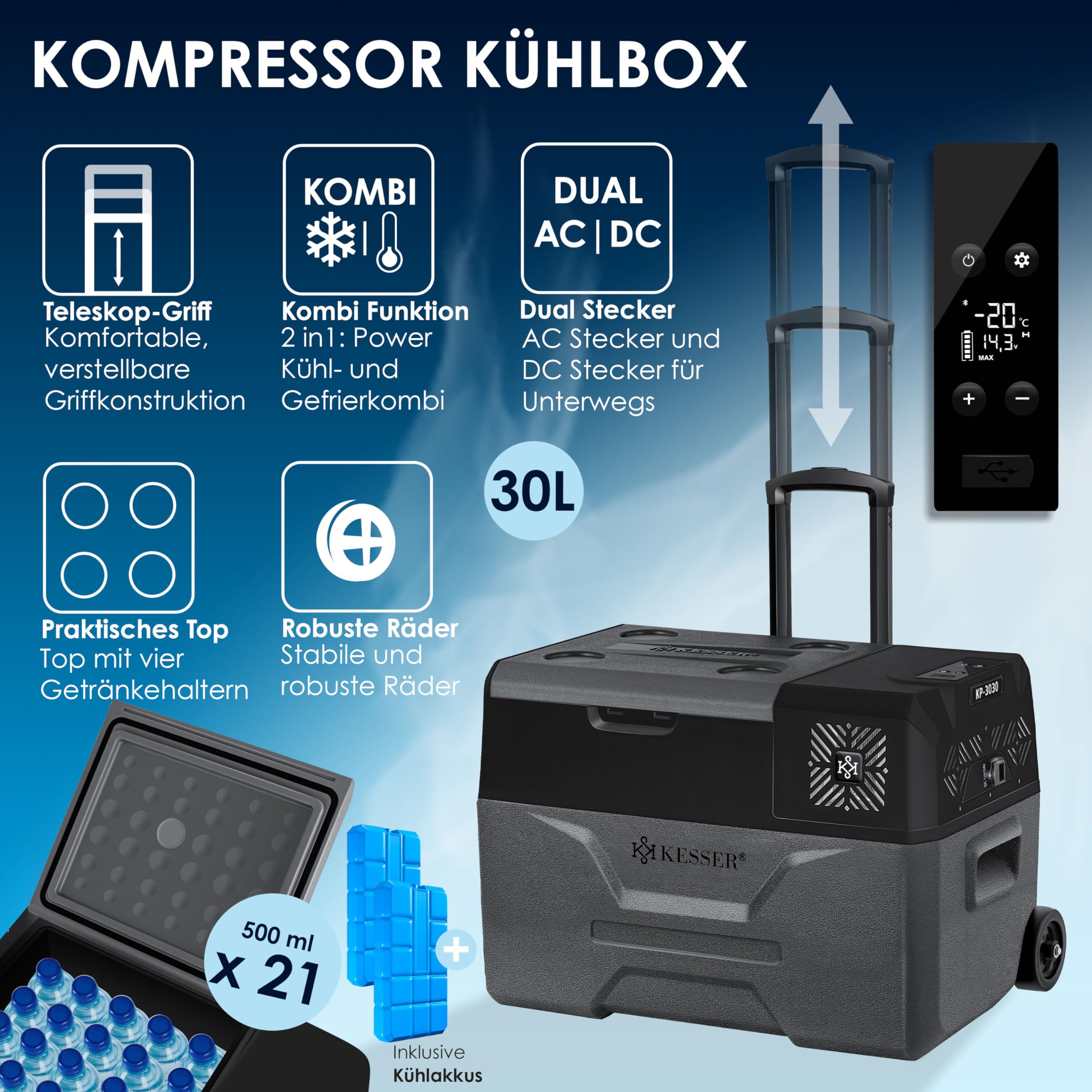 KESSER® Frigobar a compressore 30 litri Frigocongelatore Elettrico con Controllo Tramite App Connessione USB 12/24 V 230 V + Ruote telescopiche Frigorifero Raffreddamento Fino a -20 °C per Auto