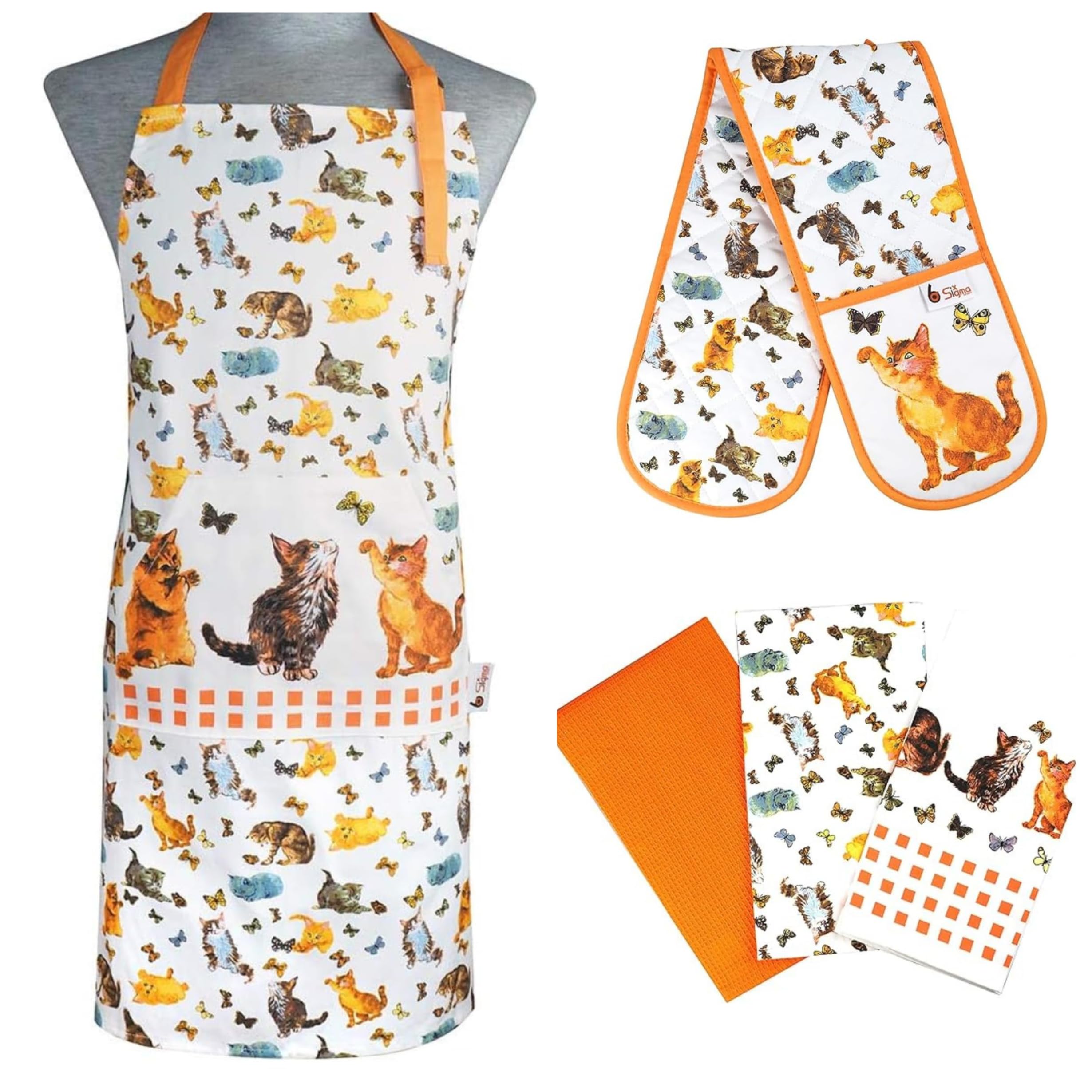 Premium Apron, Double Oven Gloves & Tea Towels Linen 5 Pcs Set (Blue Cat)