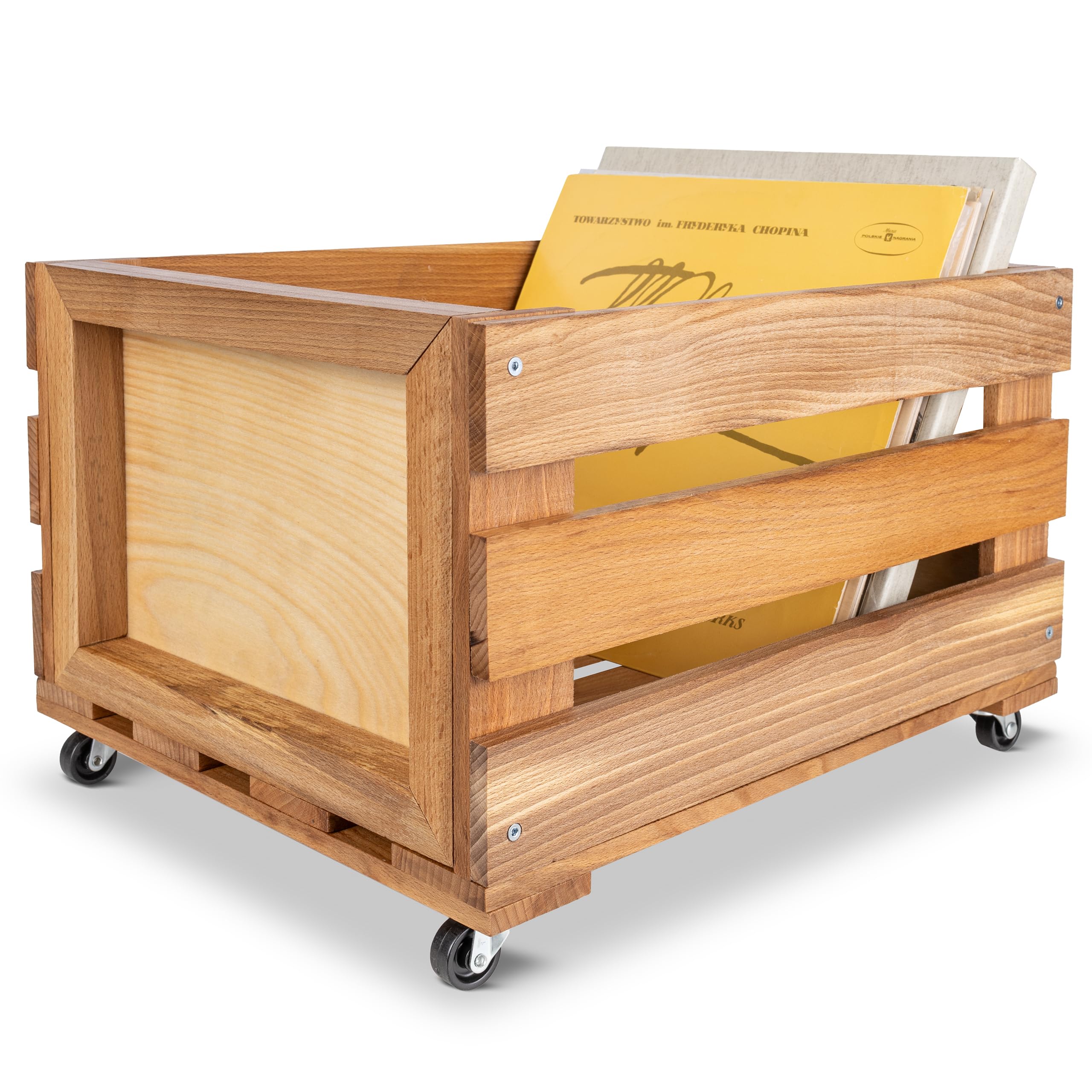 Creative DECO Caja de Madera para Discos de Vinilo con Pizarra | 80 discos | 46x36x29 cm (+/- 1 cm) | Mueble Soporte Cajón con Ruedas Porta Vinilos | Madera de Haya | Cesta para Fruta, Vino, Juguetes