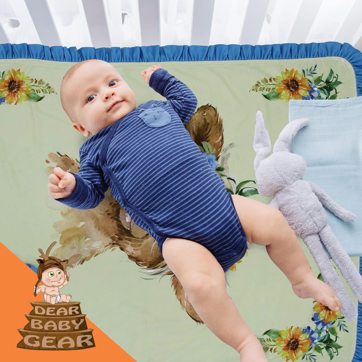 Dear Baby Gear Farm Deluxe Newborn Blanket - Double Layer Reversible, Milestone & Infant Gifts for Girls and Boys - Baby Calf with Sunflowers Printed Blanket with Blue Ruffle, 43 x 33 Inches