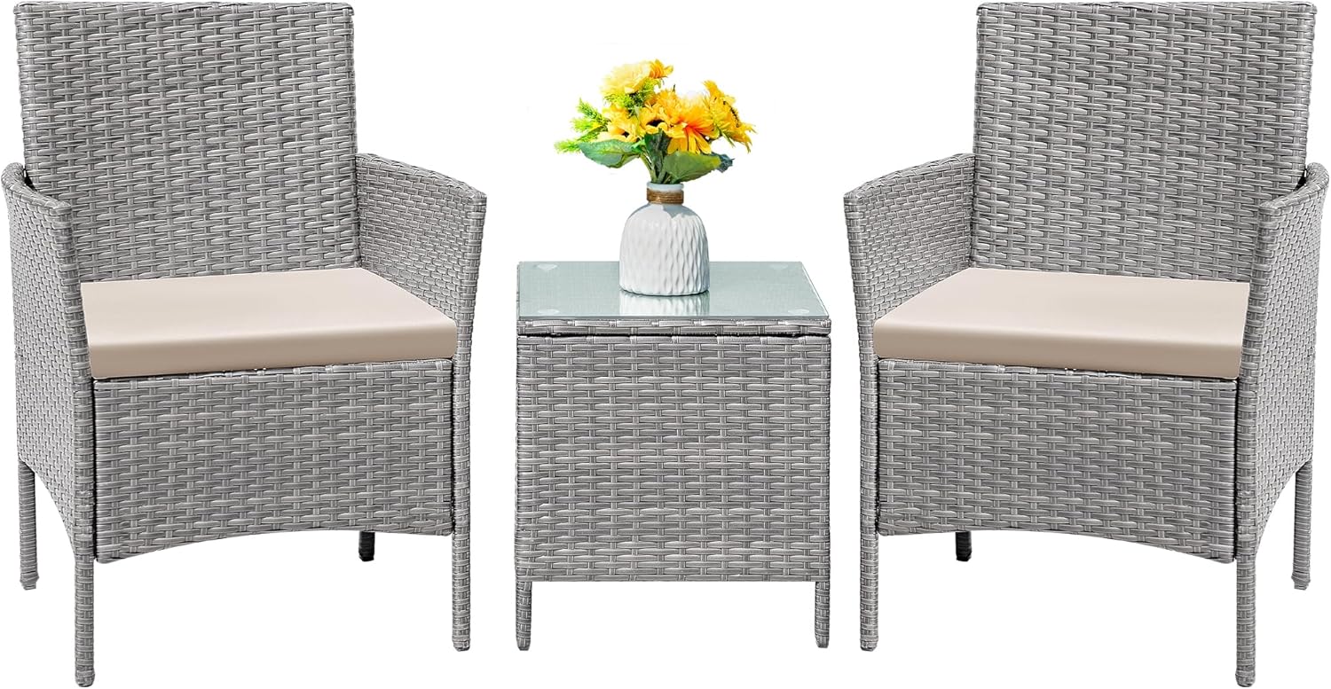 Flamaker Patio Furniture Set 3 Pieces All-Weather Rattan Outdoor Furniture Patio Chairs with Tempered Glass Table for Porch Bistro Balcony (Grey/Beige)