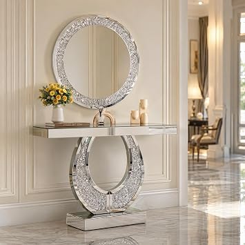 Henf 45.27" Silver Console Table with Mirror Set of 2, Glam Mirrored Entryway Entrance Tables Set with Crystal-Inlaid O-Shape Base for Living Room Hallway