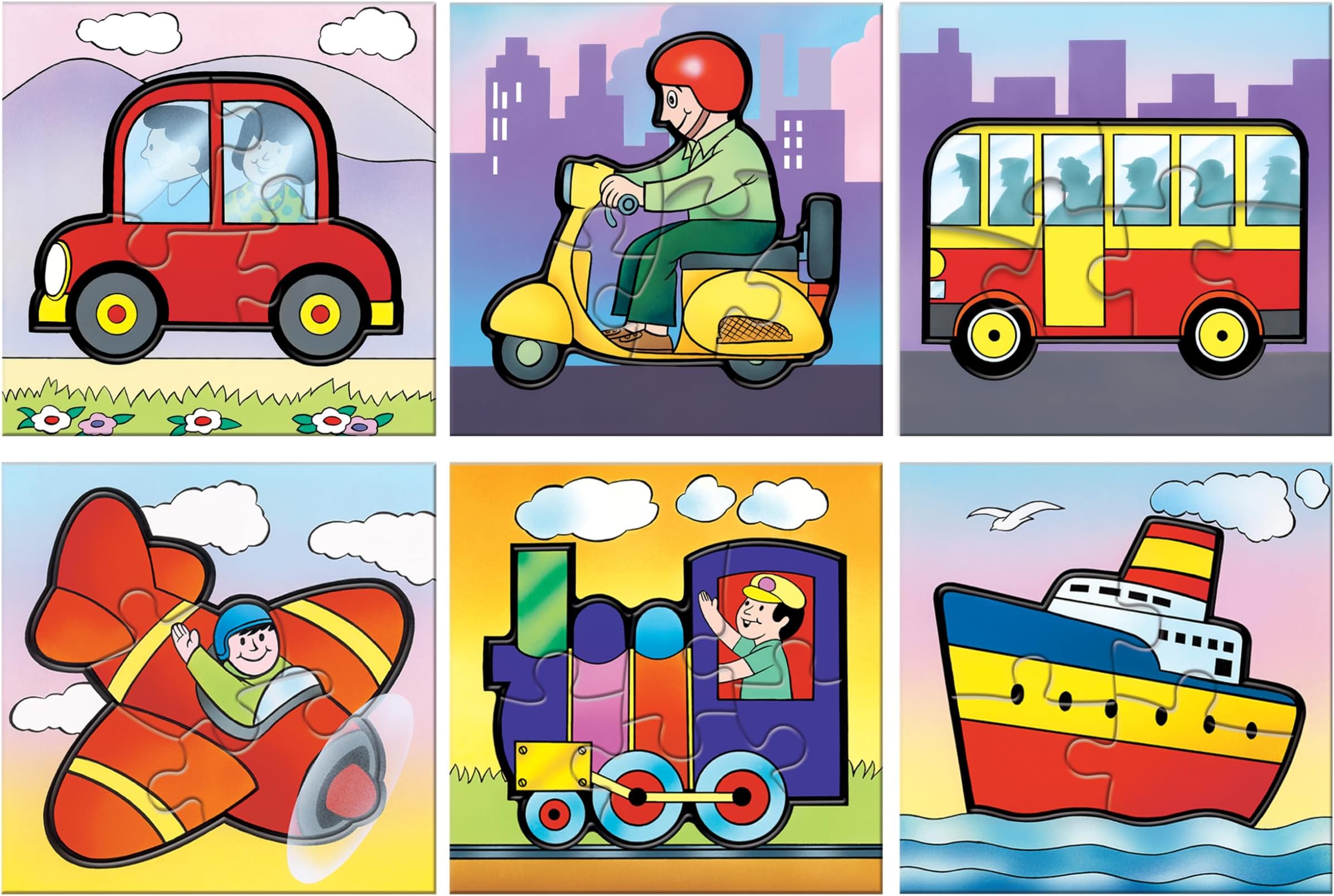 Frank 6 in 1 First Fun & Educational Jigsaw Puzzles for Kids - Combo Pack of 2 (3 Cardboard Puzzles Each) -On Road & Travel Time - Age 3 Years Old & Above- Fun & Challenging Brain Booster Games