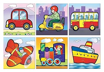 Frank 6 in 1 First Fun & Educational Jigsaw Puzzles for Kids - Combo Pack of 2 (3 Cardboard Puzzles Each) -On Road & Travel Time - Age 3 Years Old & Above- Fun & Challenging Brain Booster Games - image, photos