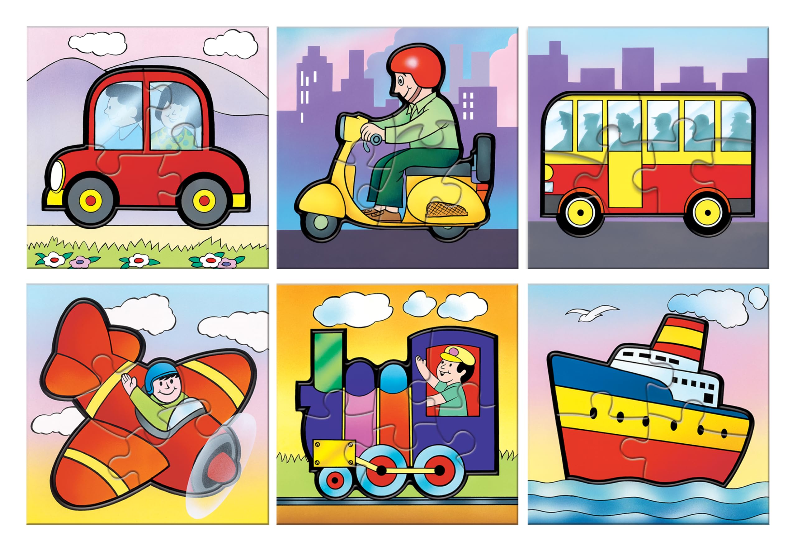 Frank 6 in 1 First Fun & Educational Jigsaw Puzzles for Kids - Combo Pack of 2 (3 Cardboard Puzzles Each) -On Road & Travel Time - Age 3 Years Old & Above- Fun & Challenging Brain Booster Games