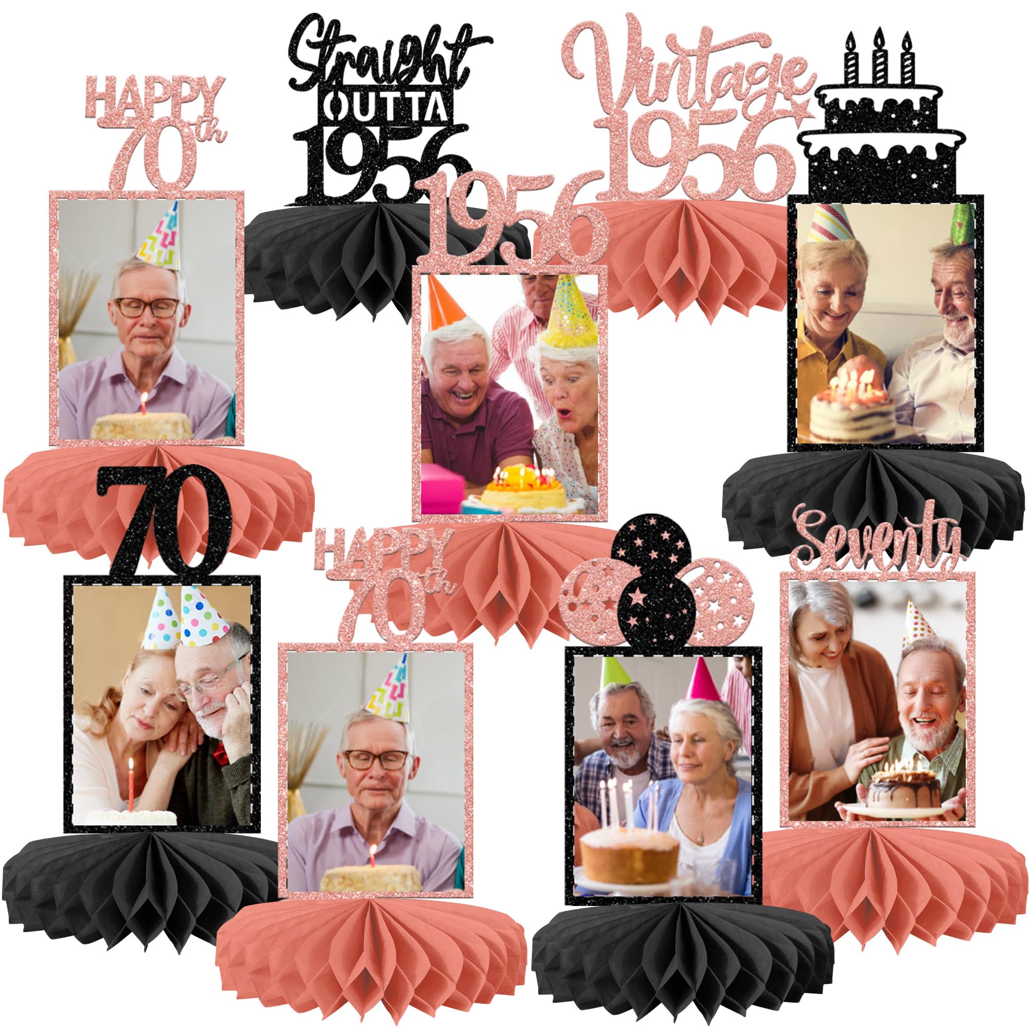SYKYCTCY 8 Pack Happy 70th Birthday Honeycomb Table Centerpiece Hello Seventy Cheers to 70 Table Toppers Centerpieces Decro for 70th Birthday Theme Wedding Party Table Decorations Supplies
