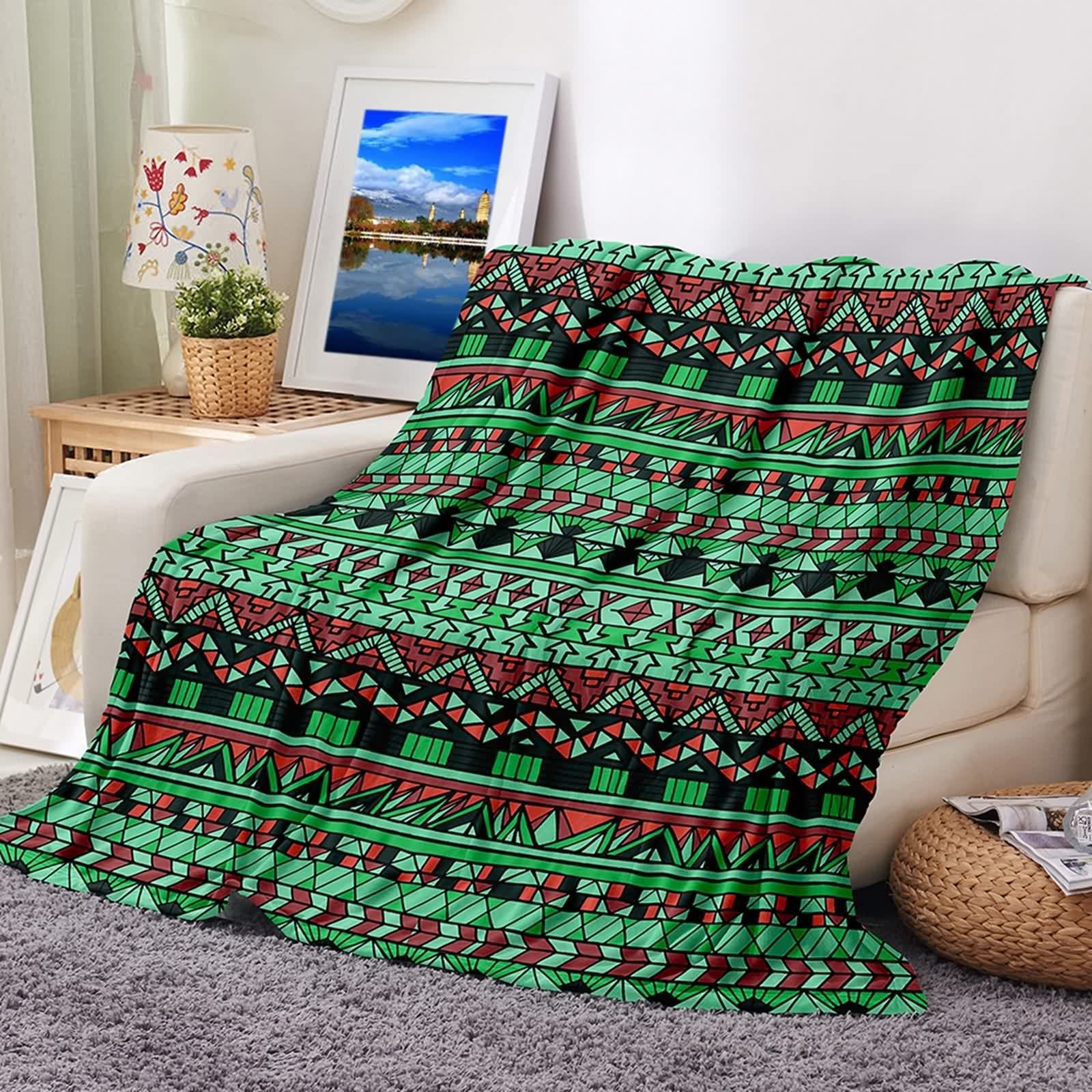 Coperta Flanella,Coperta Pile Divano Etnico Geometrico Verde Nero Coperta Invernale da Divano 180x200cm