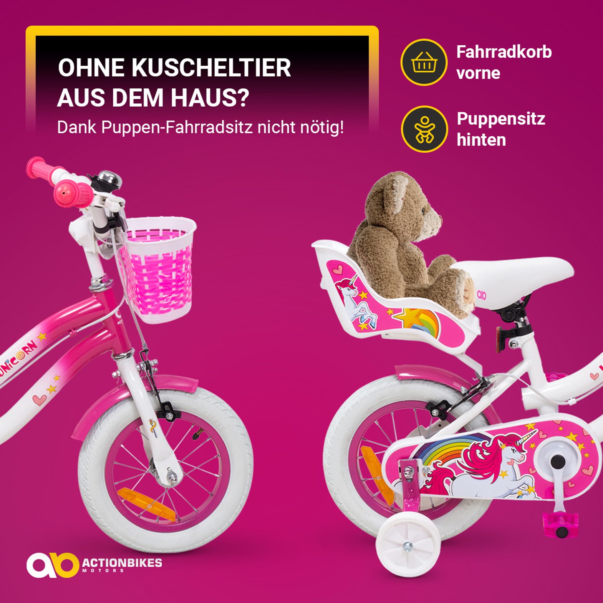 Actionbikes Kinderfahrrad Unicorn | 12 16 Zoll - V-Brake Bremsen - Fahrrad für Kinder von 2-7 Jahren - Schutzblech v. / h - Kinder Fahrrad für Mädchen & Jungen - Fahrräder - Bicycle - Kinderrad - Bike